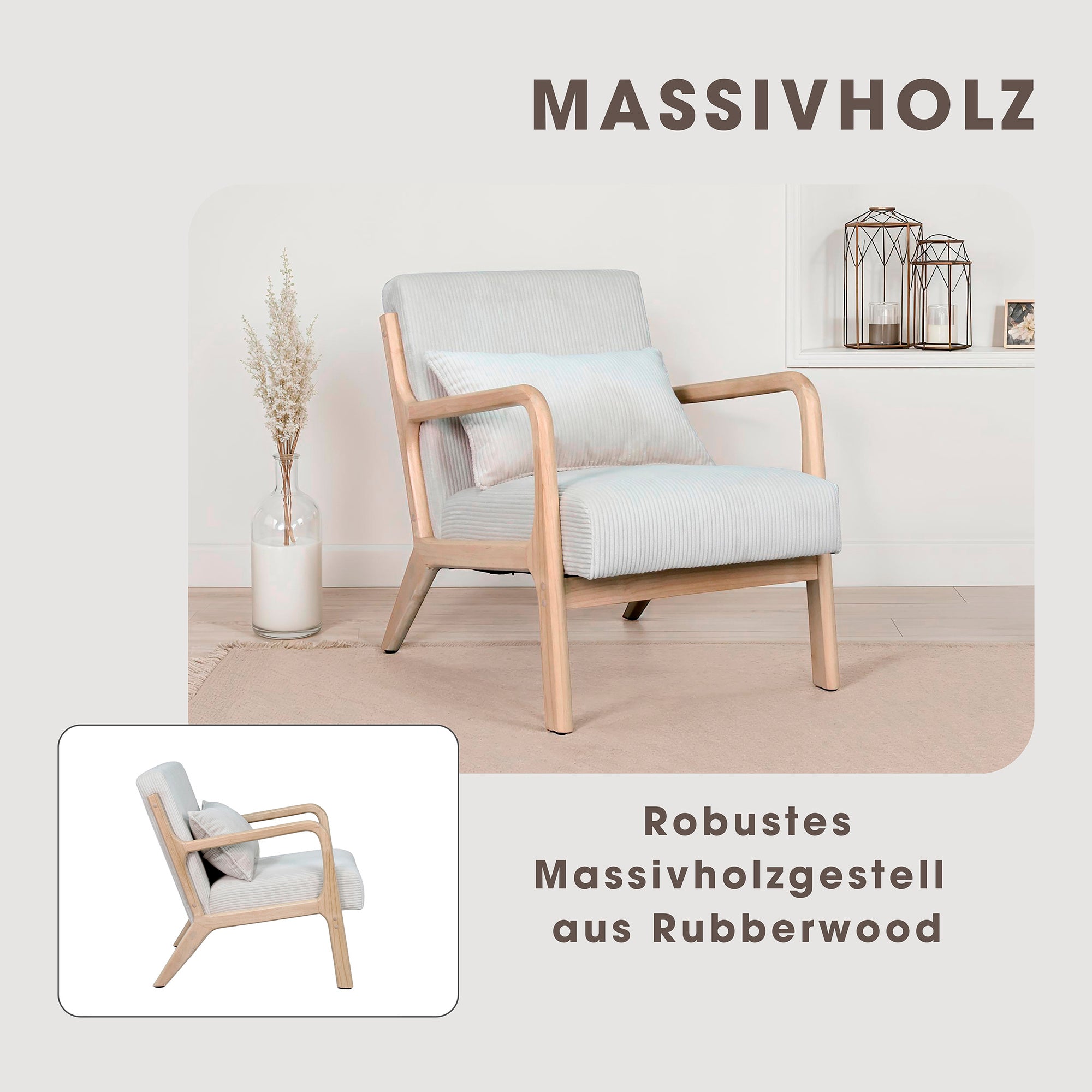 Sessel NOHR / Grob-Cord off-white oder grau / Gestell und Armlehnen Massivholz natur / B 65,5, H 78, T 84 cm
