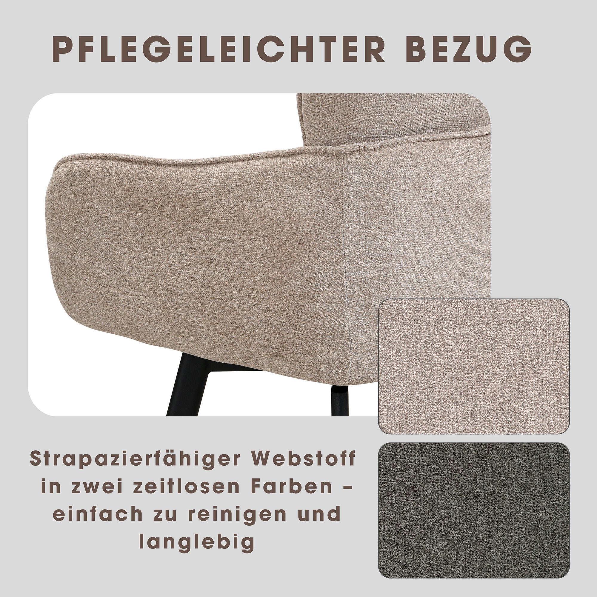 Stuhl 2-er Set RICO / Webstoffbezug in dunkelgrau oder taupe, Gestell in schwarz / 360° drehbar / Esszimmerstuhl / Küchenstuhl / B 61 x H 90 x T 63 cm