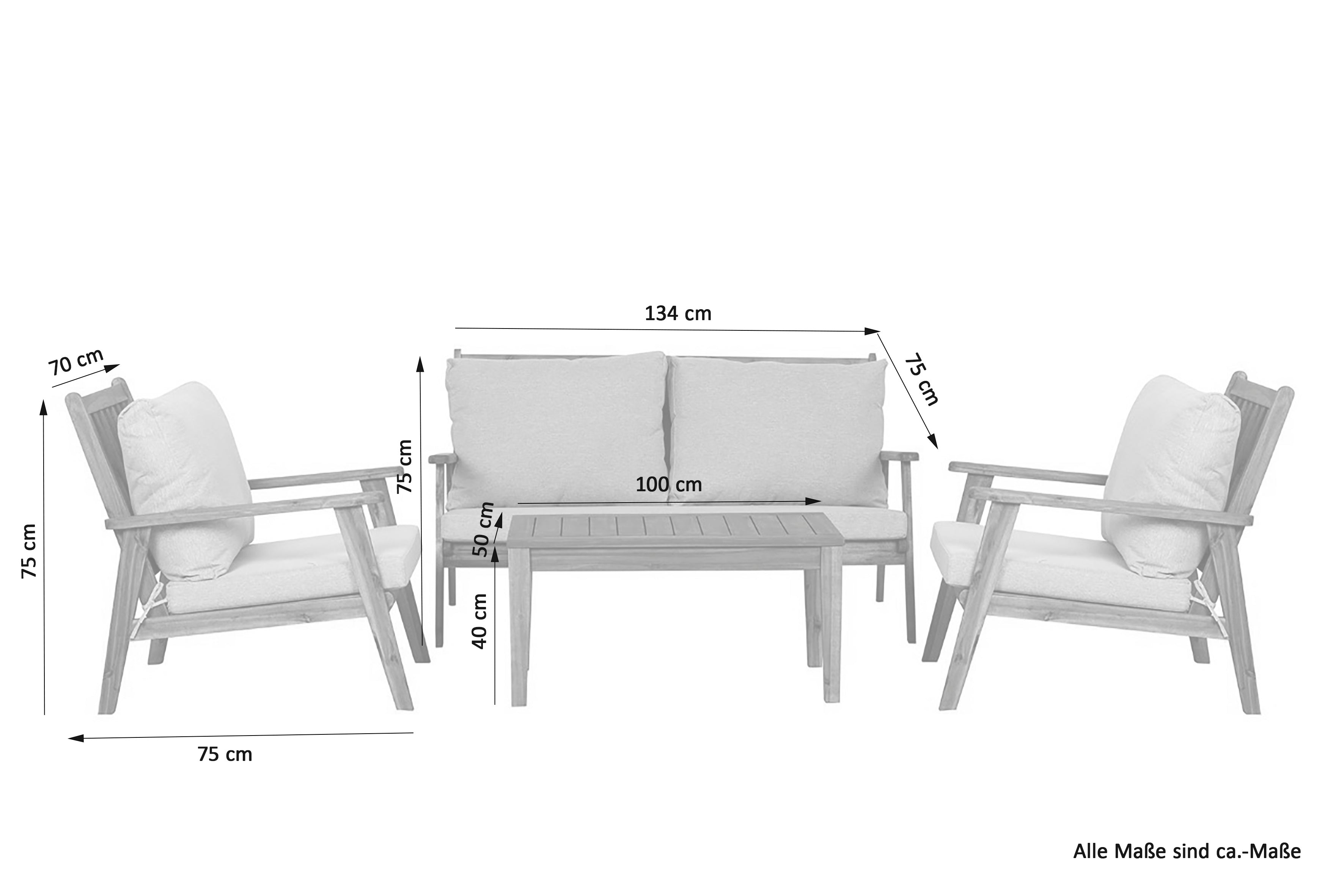 Outdoor Sofa-Set LA PALMA / Akazie massiv, natur / Webstoff hellgrau / 2-Sitzer: B 134, H 75, T 75 cm, Sessel (2x): B 70, H 75, T 75 cm, Couchtisch: B 100, H 40, T 50 cm