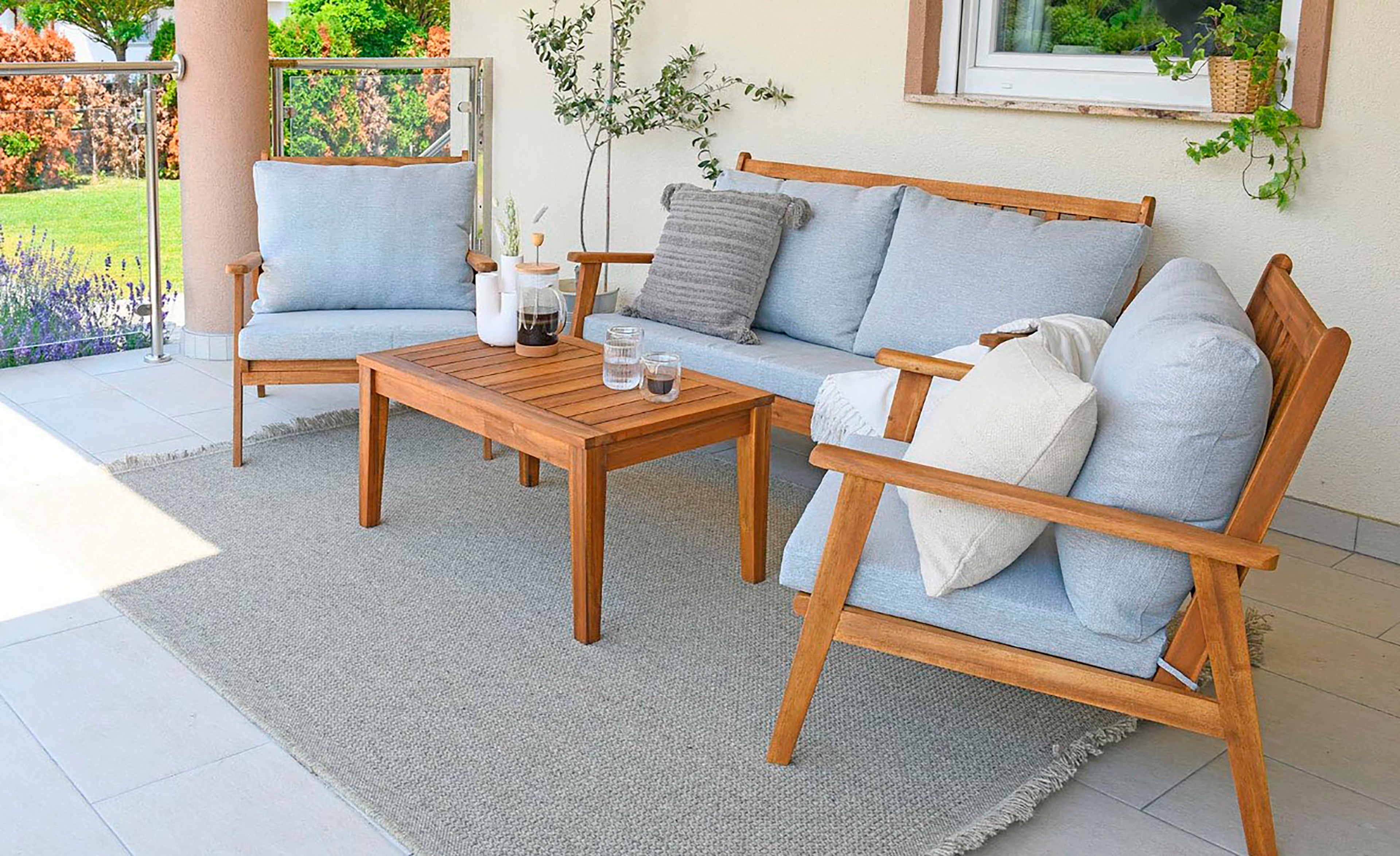 Outdoor Sofa-Set LA PALMA / Akazie massiv, natur / Webstoff hellgrau / 2-Sitzer: B 134, H 75, T 75 cm, Sessel (2x): B 70, H 75, T 75 cm, Couchtisch: B 100, H 40, T 50 cm