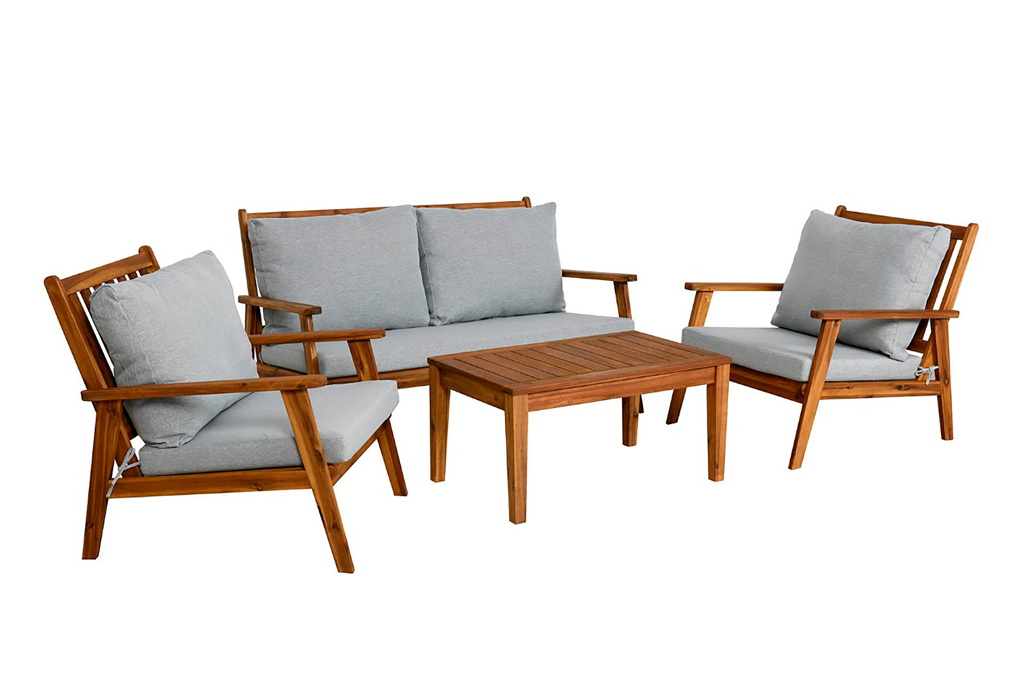 Outdoor Sofa-Set LA PALMA / Akazie massiv, natur / Webstoff hellgrau / 2-Sitzer: B 134, H 75, T 75 cm, Sessel (2x): B 70, H 75, T 75 cm, Couchtisch: B 100, H 40, T 50 cm
