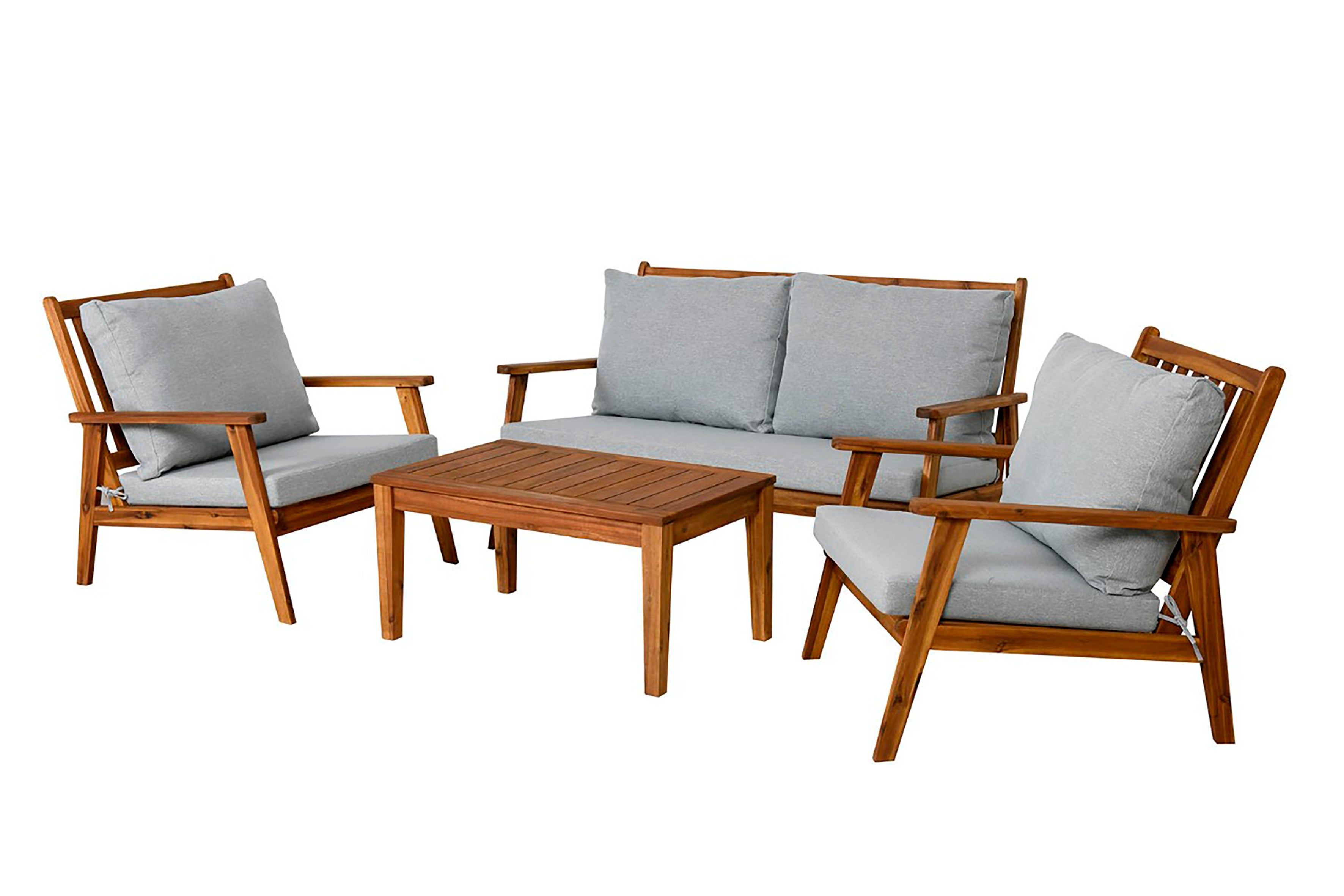 Outdoor Sofa-Set LA PALMA / Akazie massiv, natur / Webstoff hellgrau / 2-Sitzer: B 134, H 75, T 75 cm, Sessel (2x): B 70, H 75, T 75 cm, Couchtisch: B 100, H 40, T 50 cm