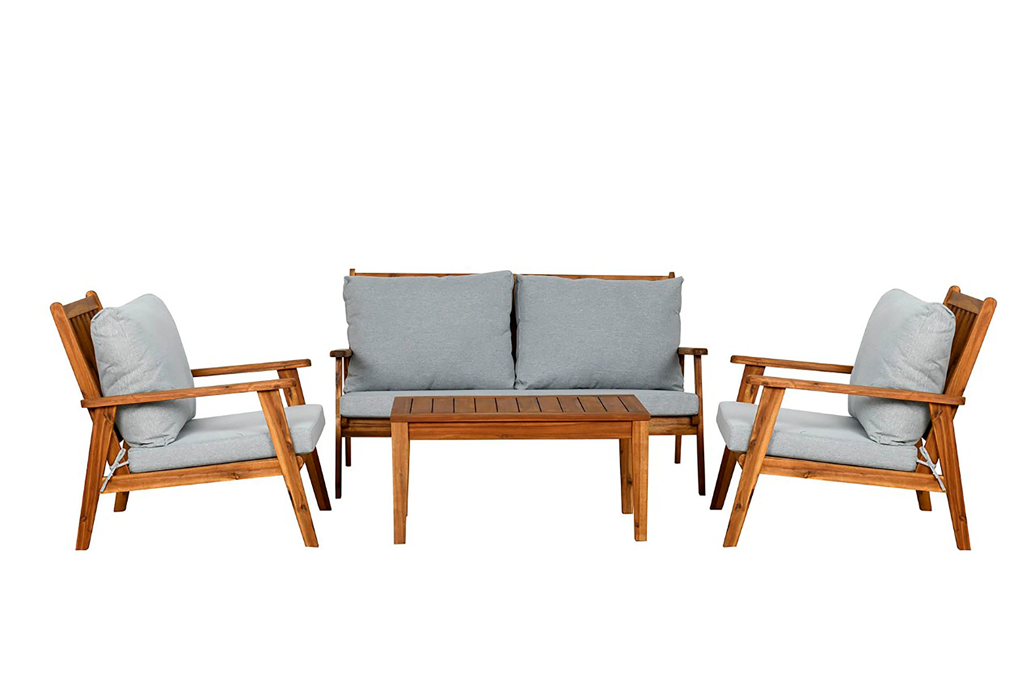 Outdoor Sofa-Set LA PALMA / Akazie massiv, natur / Webstoff hellgrau / 2-Sitzer: B 134, H 75, T 75 cm, Sessel (2x): B 70, H 75, T 75 cm, Couchtisch: B 100, H 40, T 50 cm