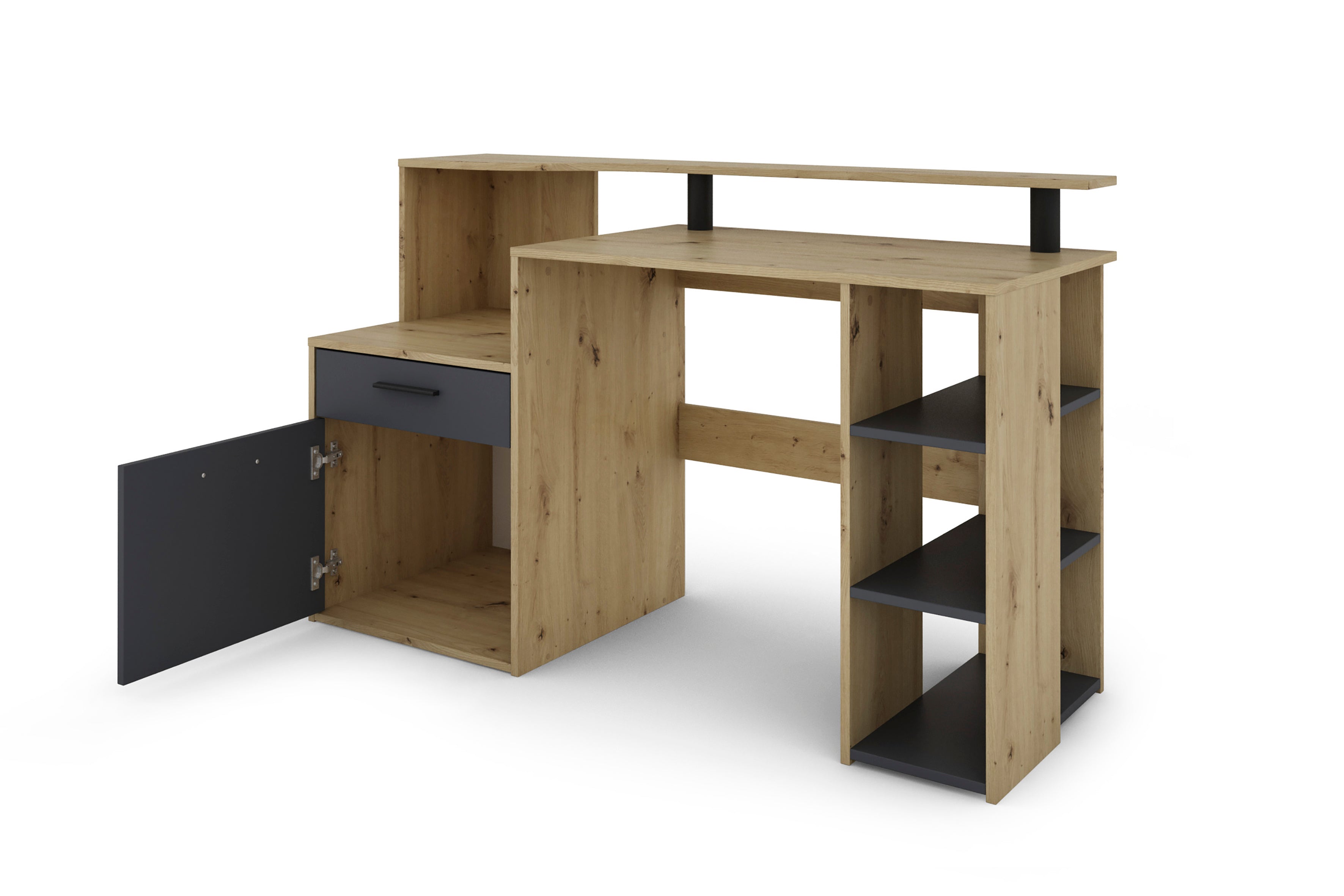 Schreibtisch LOUIS / Inkl. 1 Tür + 1 Schubkasten + 3 offenen Fächern / Weiß, Artisan Eiche (Eiche-Optik) oder Old Wood (Altholz-Optik) / Computertisch / XXL-Tisch / Arbeitstisch / Holztisch / Bürotisch / 140 x 89 x 55 cm (BxHxT)