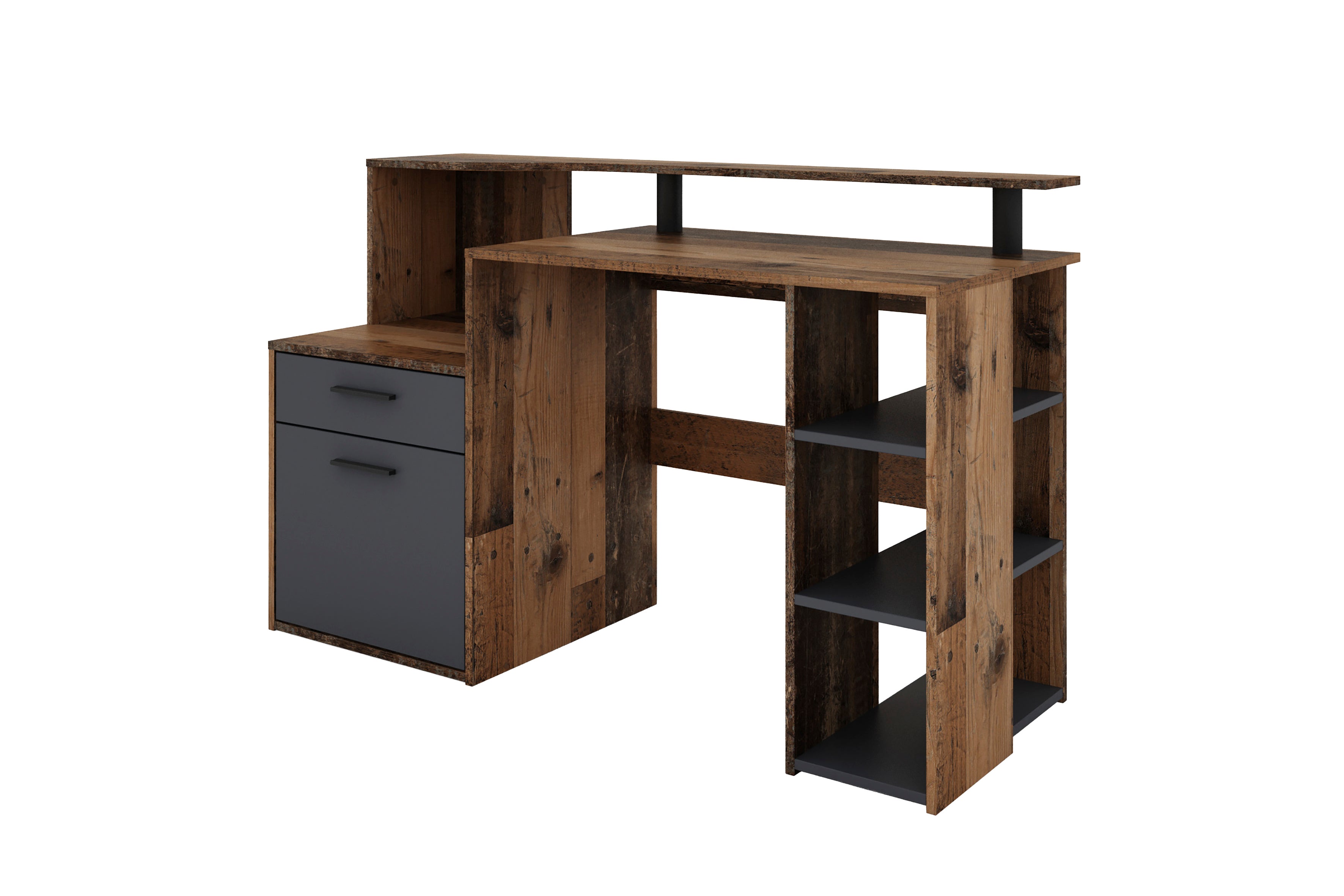 Schreibtisch LOUIS / Inkl. 1 Tür + 1 Schubkasten + 3 offenen Fächern / Weiß, Artisan Eiche (Eiche-Optik) oder Old Wood (Altholz-Optik) / Computertisch / XXL-Tisch / Arbeitstisch / Holztisch / Bürotisch / 140 x 89 x 55 cm (BxHxT)