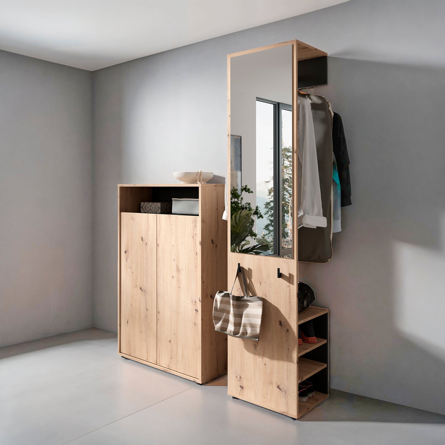 byLIVING Garderoben-Set LYON / Melamin Weiß oder Artisan Eiche kombiniert mit Schwarz / Hochschrank mit Spiegel / Schuhschrank / B 40, H 185, T 35 cm, B 70, H 115, T 33,5 cm