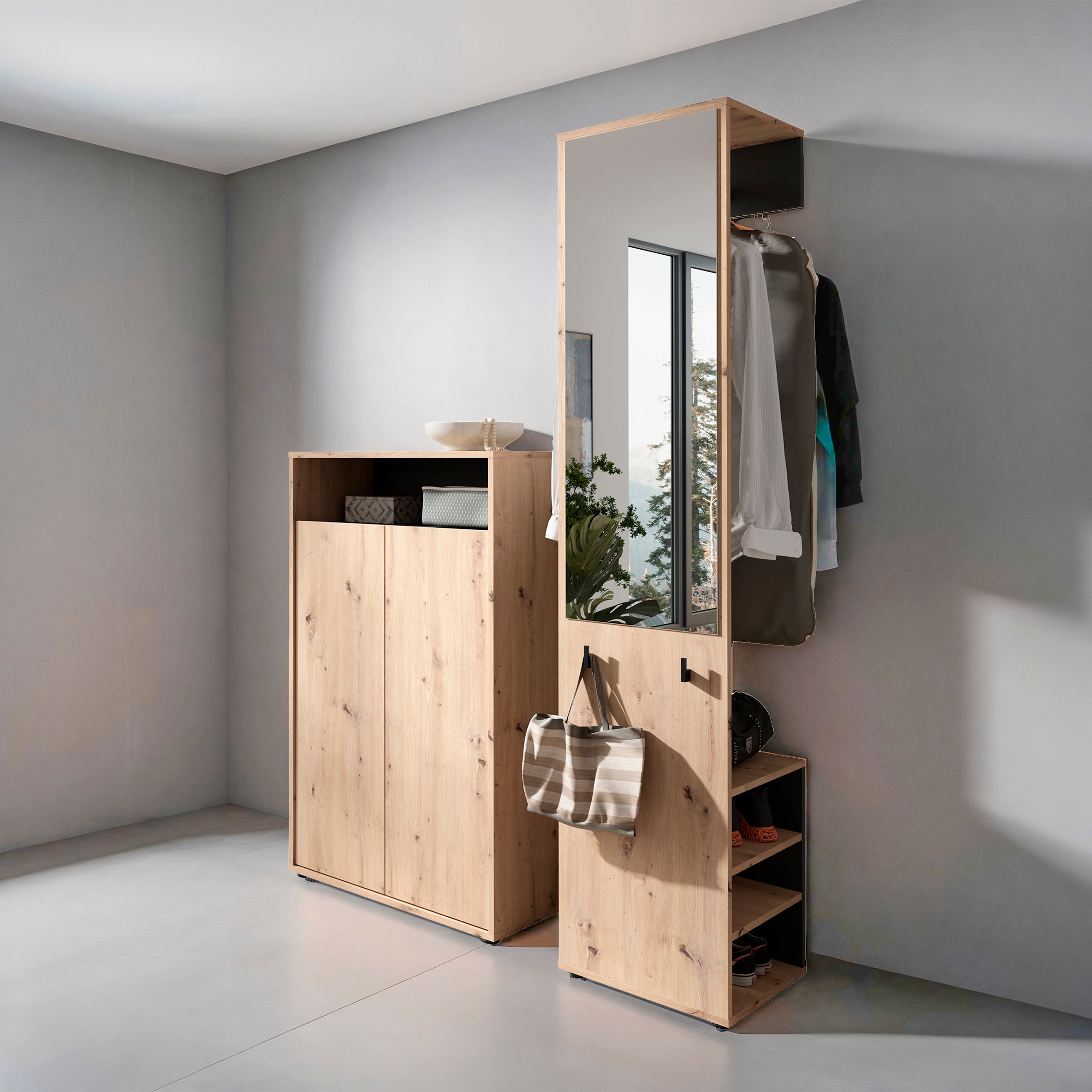 byLIVING Garderoben-Set LYON / Melamin Weiß oder Artisan Eiche kombiniert mit Schwarz / Hochschrank mit Spiegel / Schuhschrank / B 40, H 185, T 35 cm, B 70, H 115, T 33,5 cm