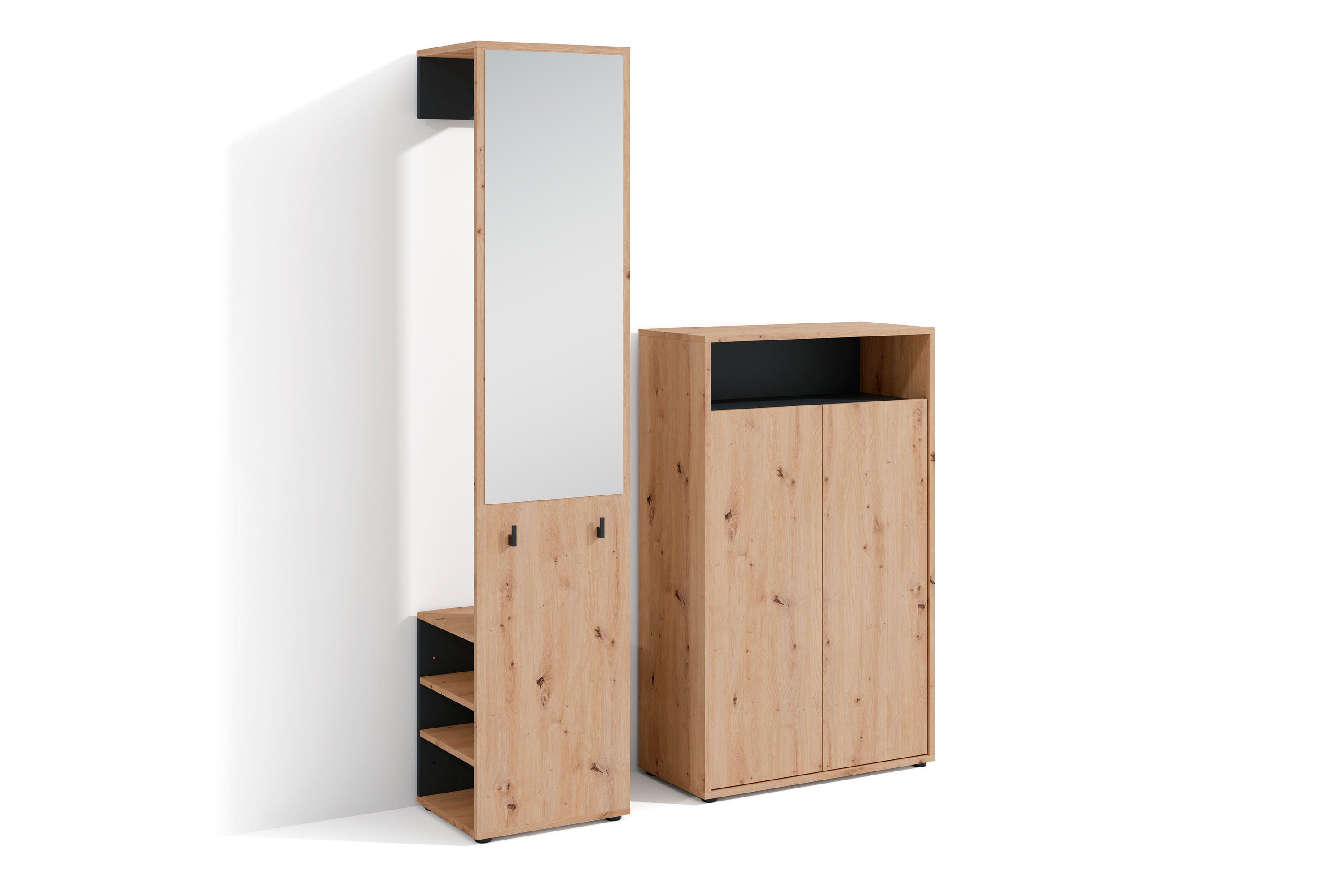 Garderoben-Set LYON / Melamin Weiß oder Artisan Eiche kombiniert mit Schwarz / Hochschrank mit Spiegel / Schuhschrank / B 40, H 185, T 35 cm, B 70, H 115, T 33,5 cm