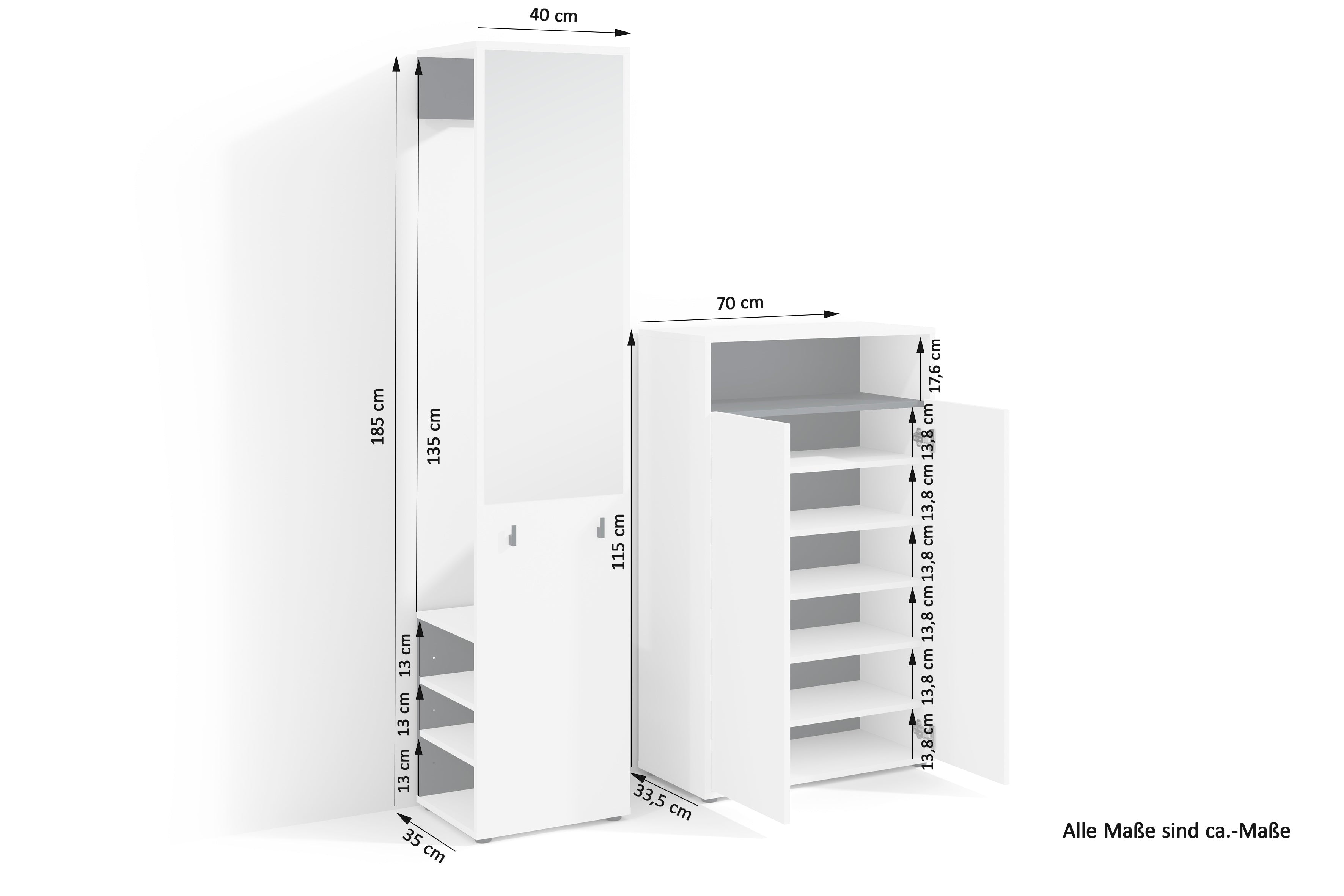 byLIVING Garderoben-Set LYON / Melamin Weiß oder Artisan Eiche kombiniert mit Schwarz / Hochschrank mit Spiegel / Schuhschrank / B 40, H 185, T 35 cm, B 70, H 115, T 33,5 cm