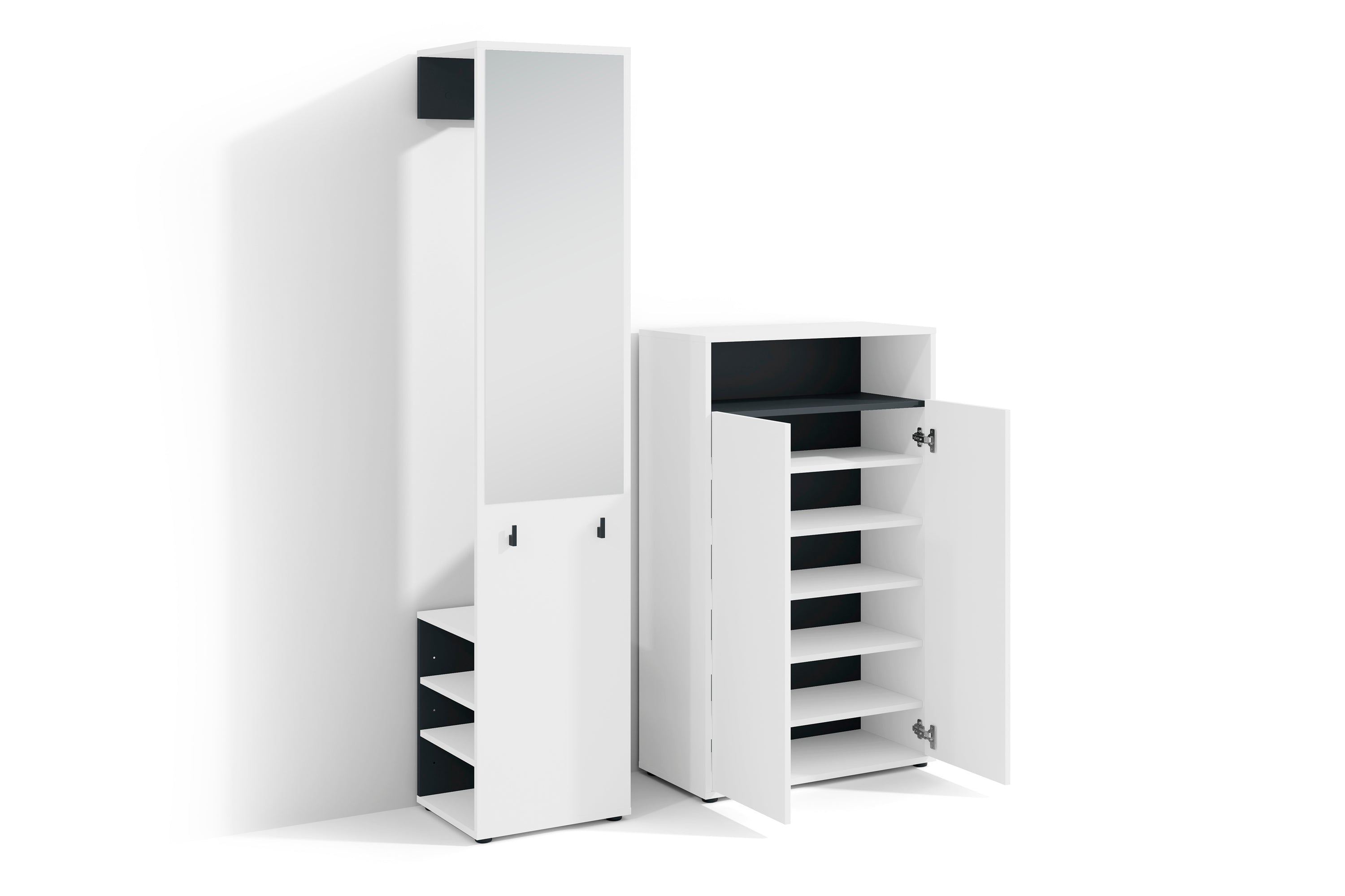 Garderoben-Set LYON / Melamin Weiß oder Artisan Eiche kombiniert mit Schwarz / Hochschrank mit Spiegel / Schuhschrank / B 40, H 185, T 35 cm, B 70, H 115, T 33,5 cm