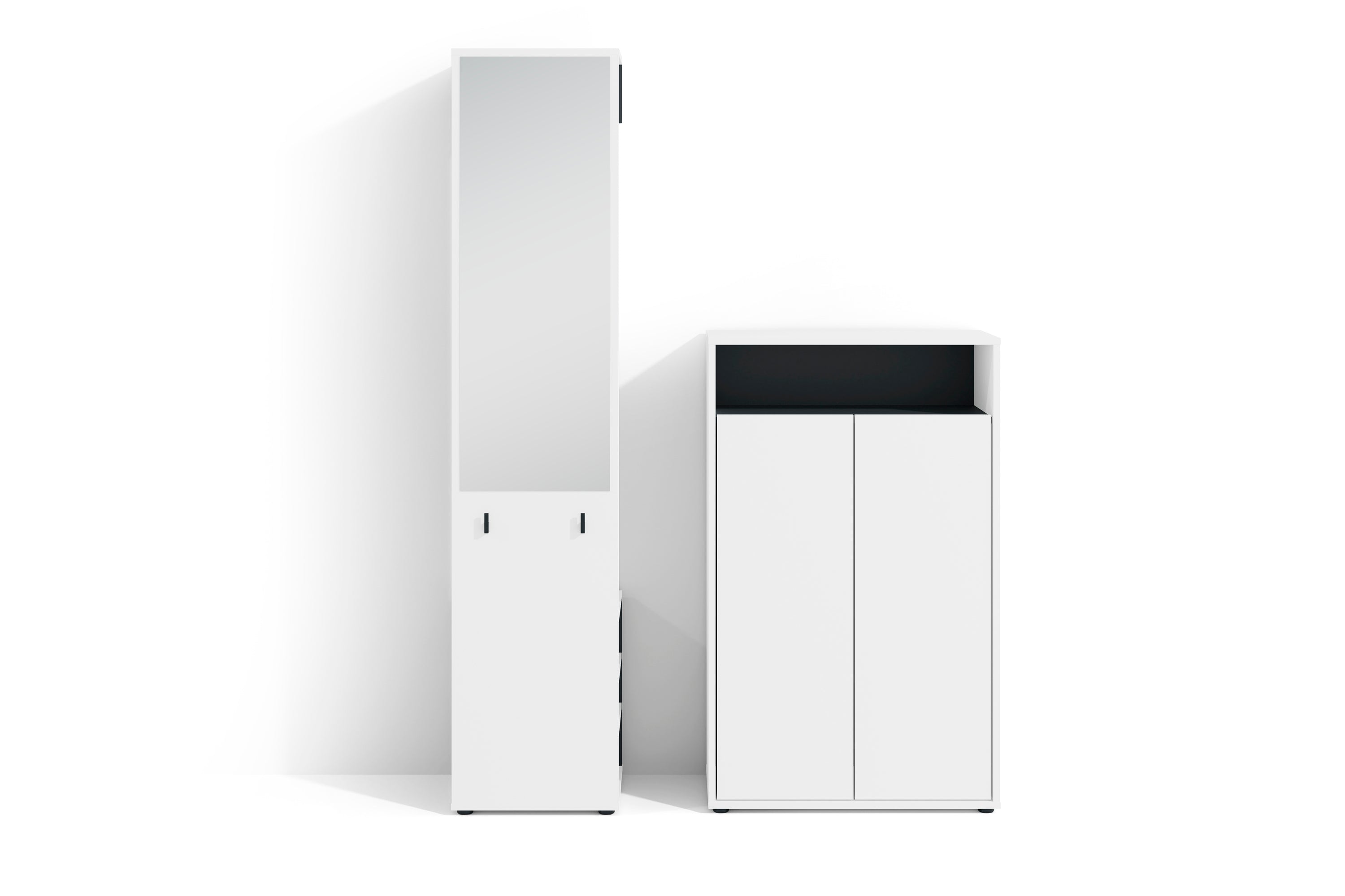Garderoben-Set LYON / Melamin Weiß oder Artisan Eiche kombiniert mit Schwarz / Hochschrank mit Spiegel / Schuhschrank / B 40, H 185, T 35 cm, B 70, H 115, T 33,5 cm
