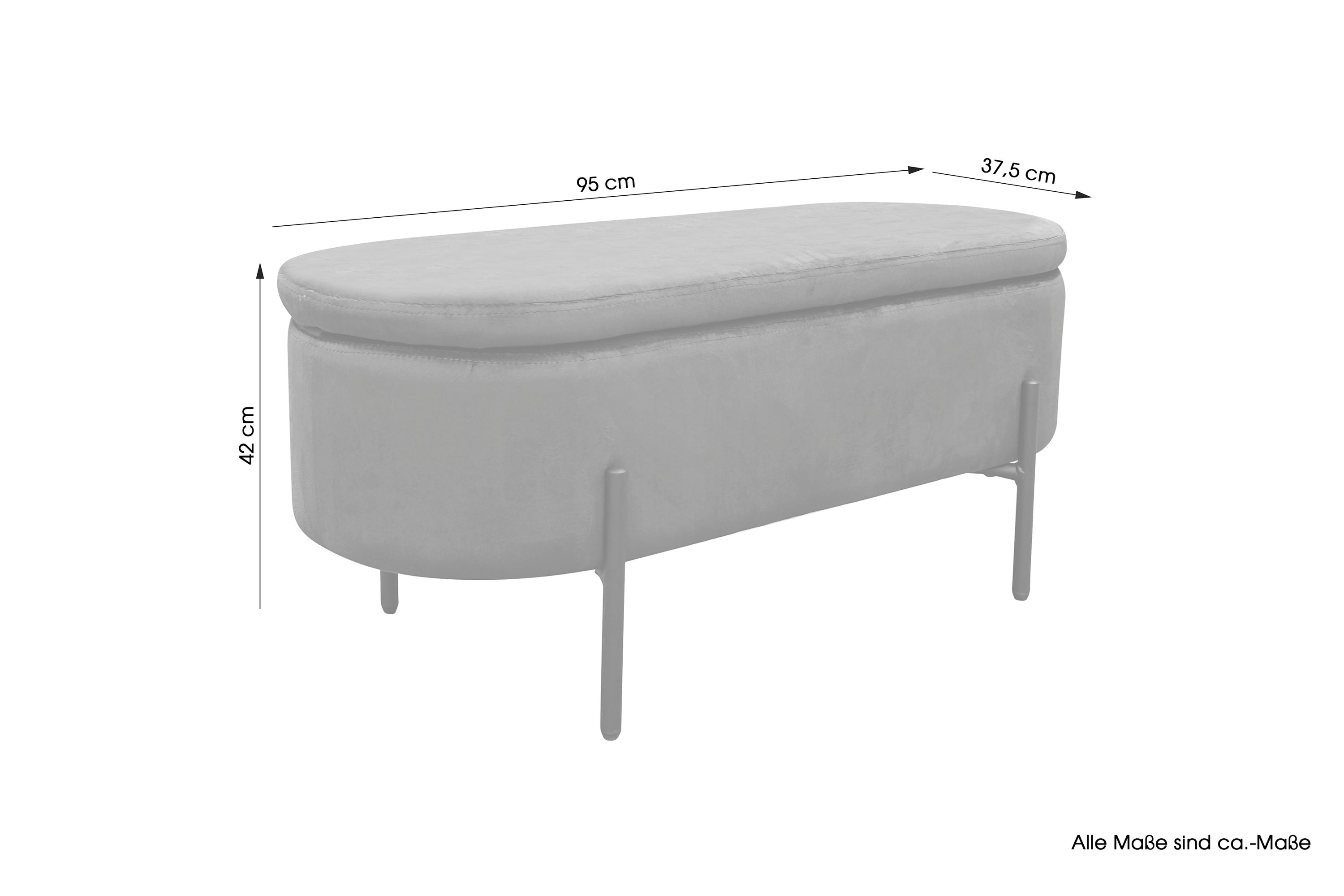 Bank NOVA / Samt dunkelgrün, grau oder schwarz / Metall schwarz pulverbeschichtet / Polsterbank mit Stauraum / B 95, H 42, T 37,5 cm
