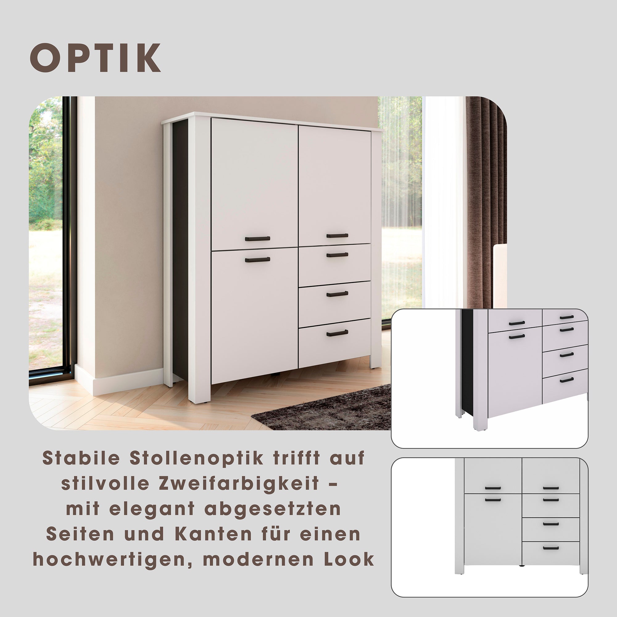 Higboard FARO / Artisan Eiche (Eiche-Optik) oder weiß, Absetzung in schwarz / Stollenoptik / 3 Türen und 3 Schubkästen / verstellbare Einlegeböden / viel Stauraum / Sideboard / Kommode / Maße: B 160, H 84, T 40 cm