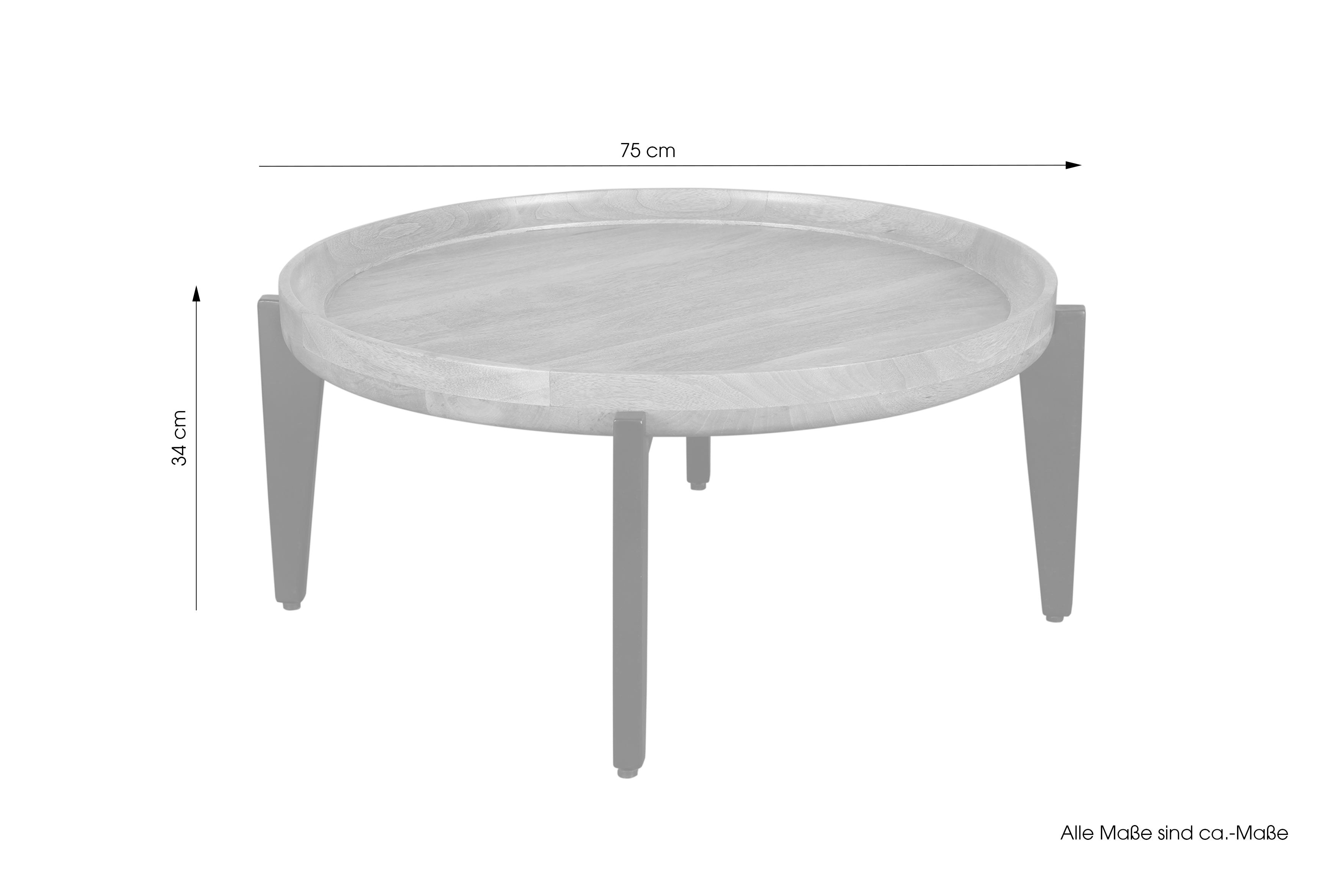 Couchtisch MILA / Platte Mango massiv / Gestell Metall schwarz / D 75, H 34 cm