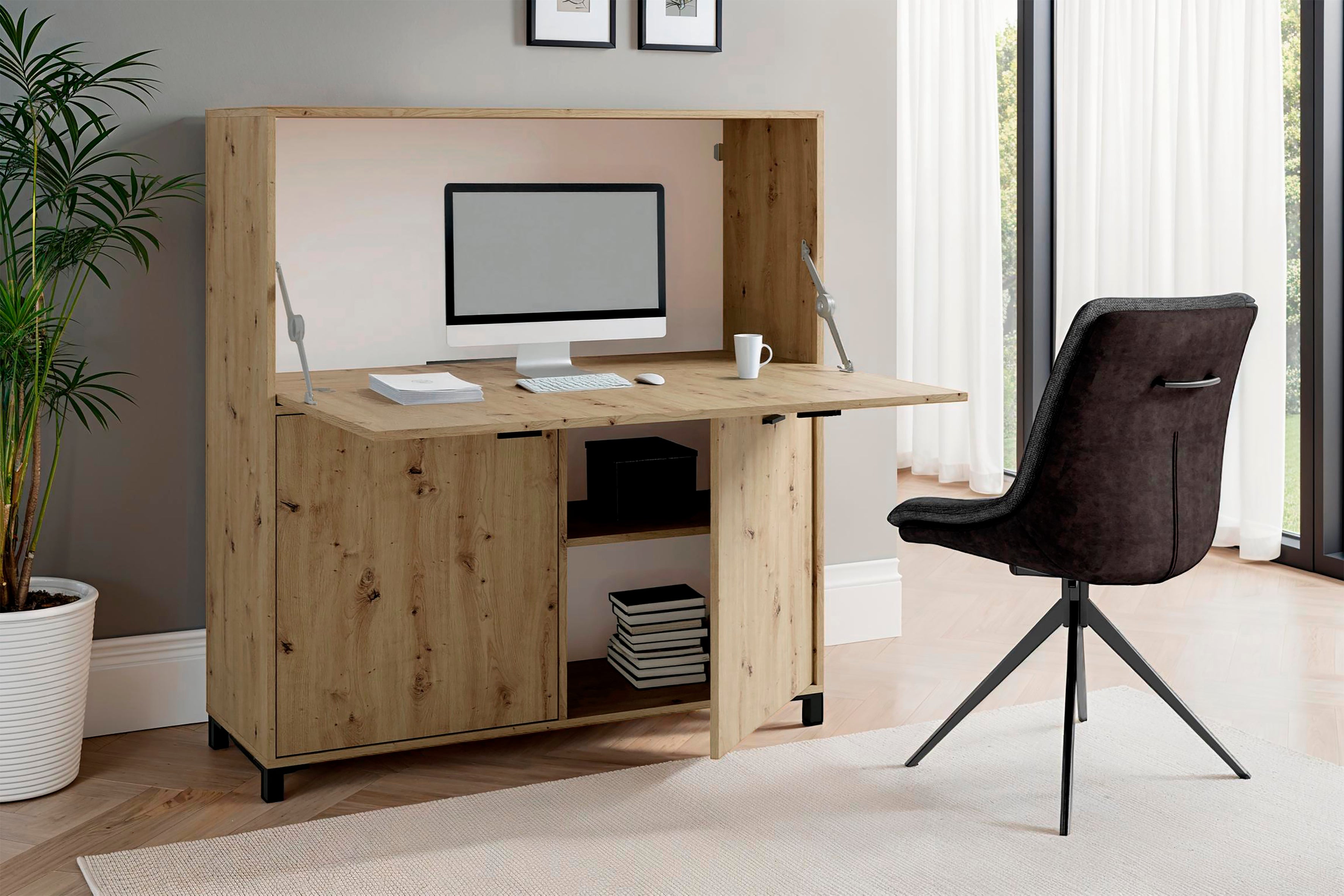 Sekretär MONTANA / Sekretär matt weiß oder Artisan Eiche (Eiche-Optik) / Office-Schrank mit 1 Klappe und 2 Türen / schwarze Griffe / B 120, H 127, T 40 cm