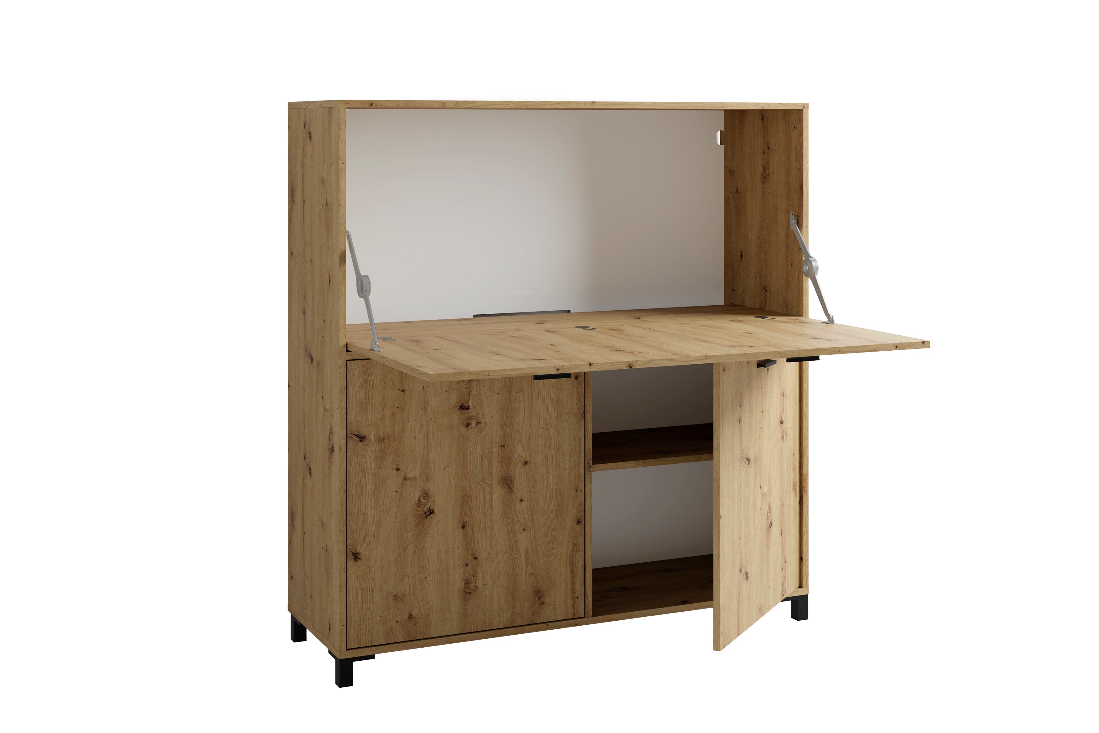 Sekretär MONTANA / Sekretär matt weiß oder Artisan Eiche (Eiche-Optik) / Office-Schrank mit 1 Klappe und 2 Türen / schwarze Griffe / B 120, H 127, T 40 cm