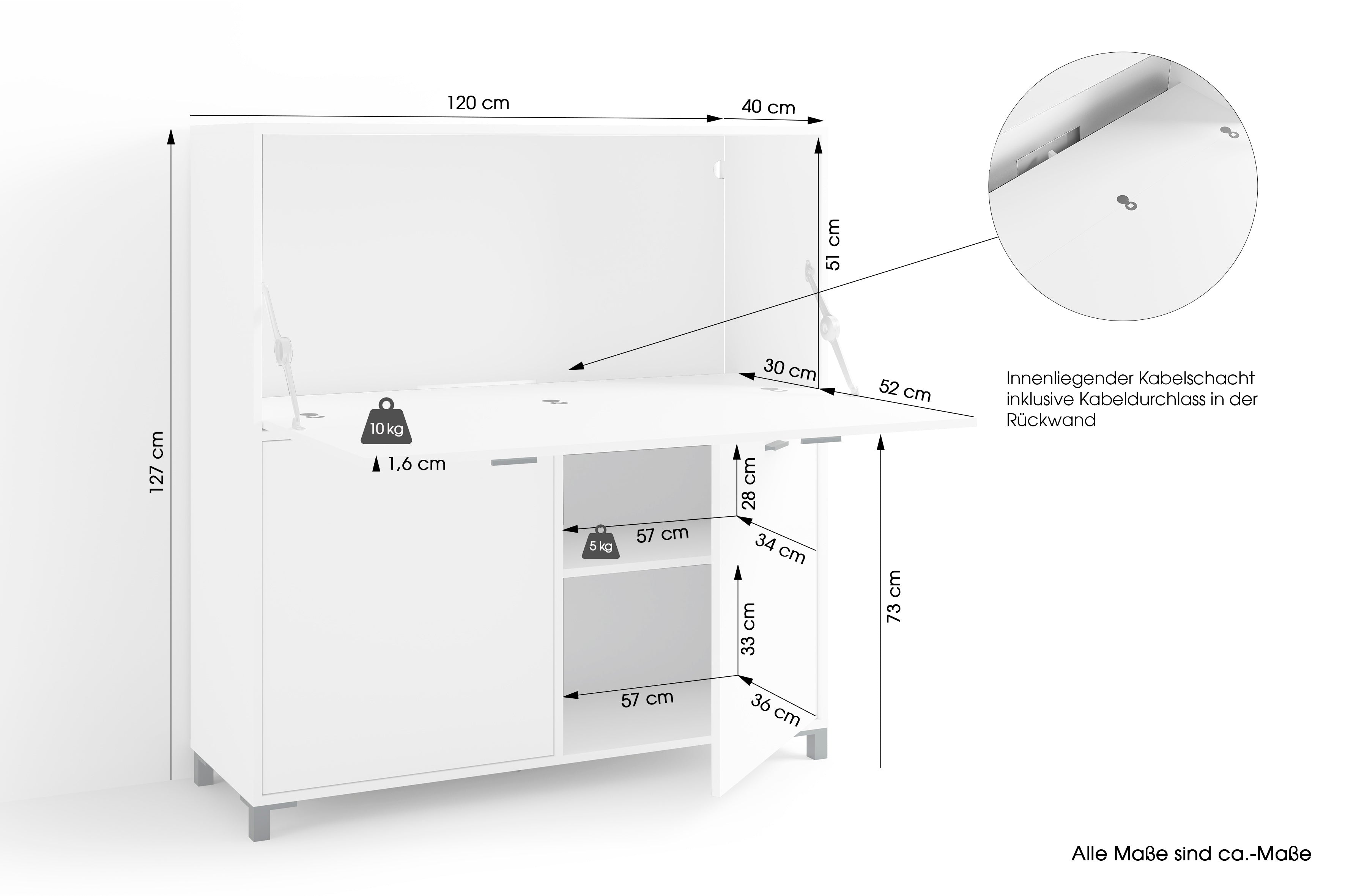 Sekretär MONTANA / Sekretär matt weiß oder Artisan Eiche (Eiche-Optik) / Office-Schrank mit 1 Klappe und 2 Türen / schwarze Griffe / B 120, H 127, T 40 cm