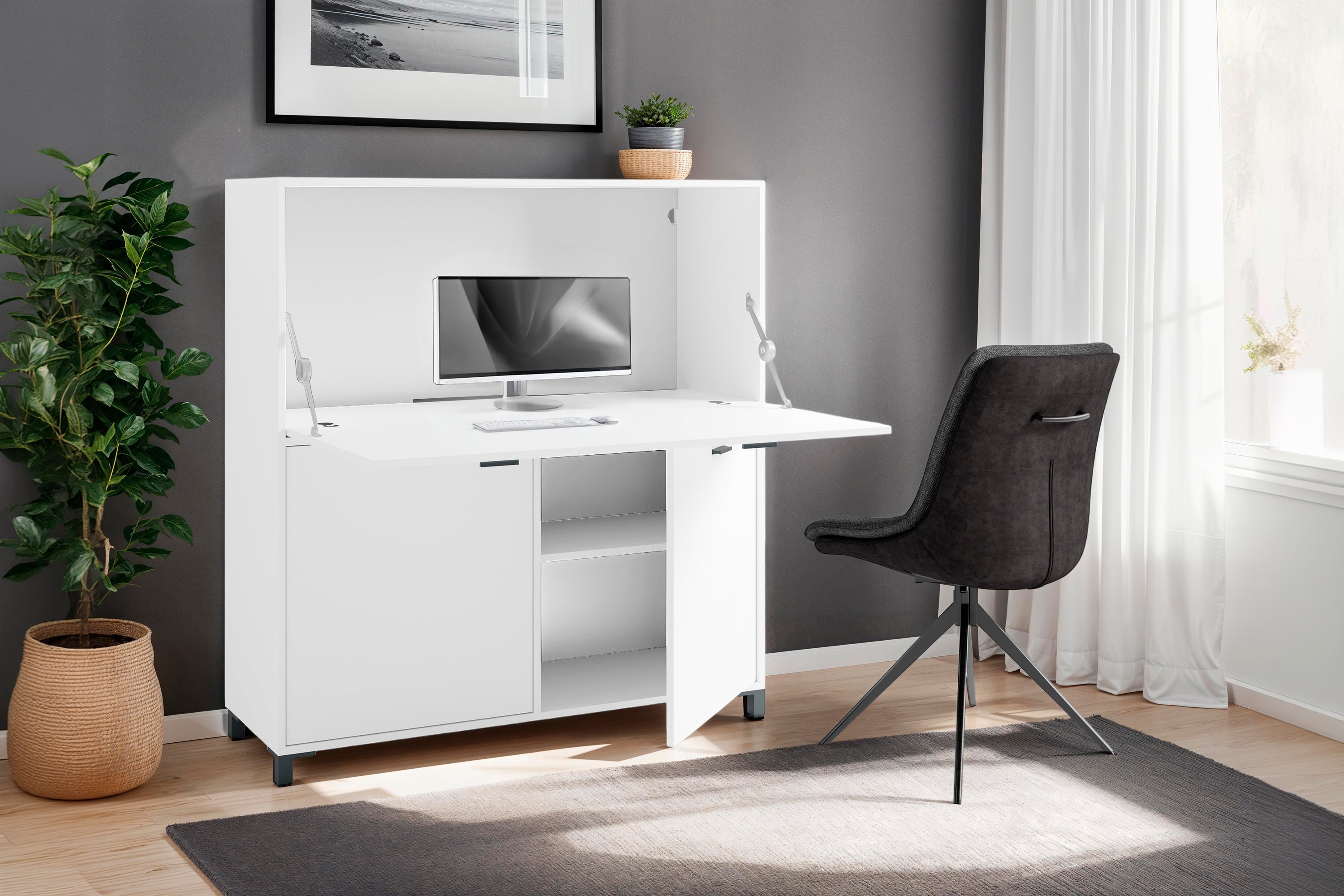 Sekretär MONTANA / Sekretär matt weiß oder Artisan Eiche (Eiche-Optik) / Office-Schrank mit 1 Klappe und 2 Türen / schwarze Griffe / B 120, H 127, T 40 cm
