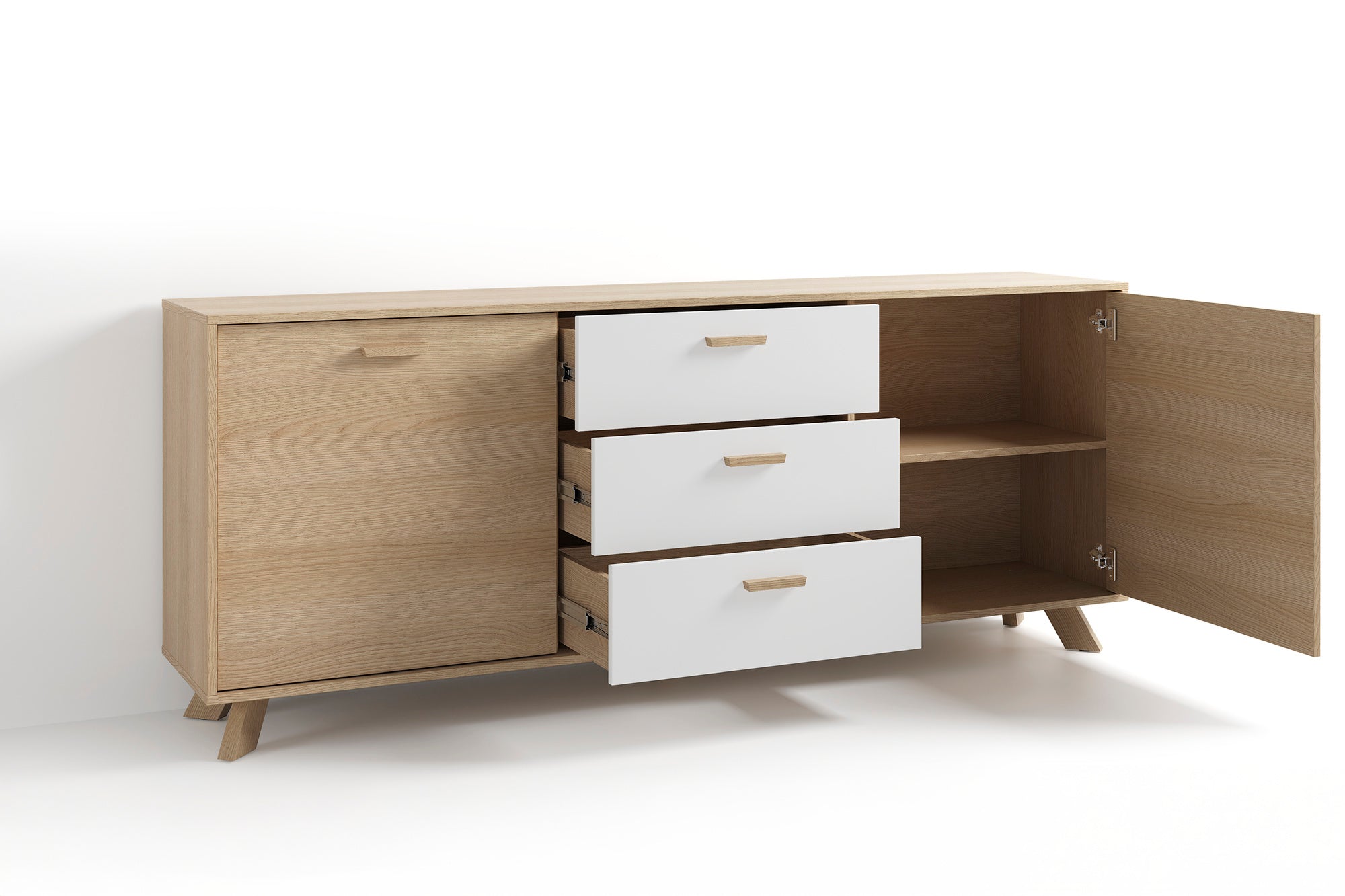 Sideboard BASTIAN / Eiche bianco, weiß / Griffe und Füße Massivholz Eiche / 3 Schubkästen und 2 Türen / viel Stauraum / Kommode / Anrichte / Maße: B 180, H 72,5, T 36,5 cm