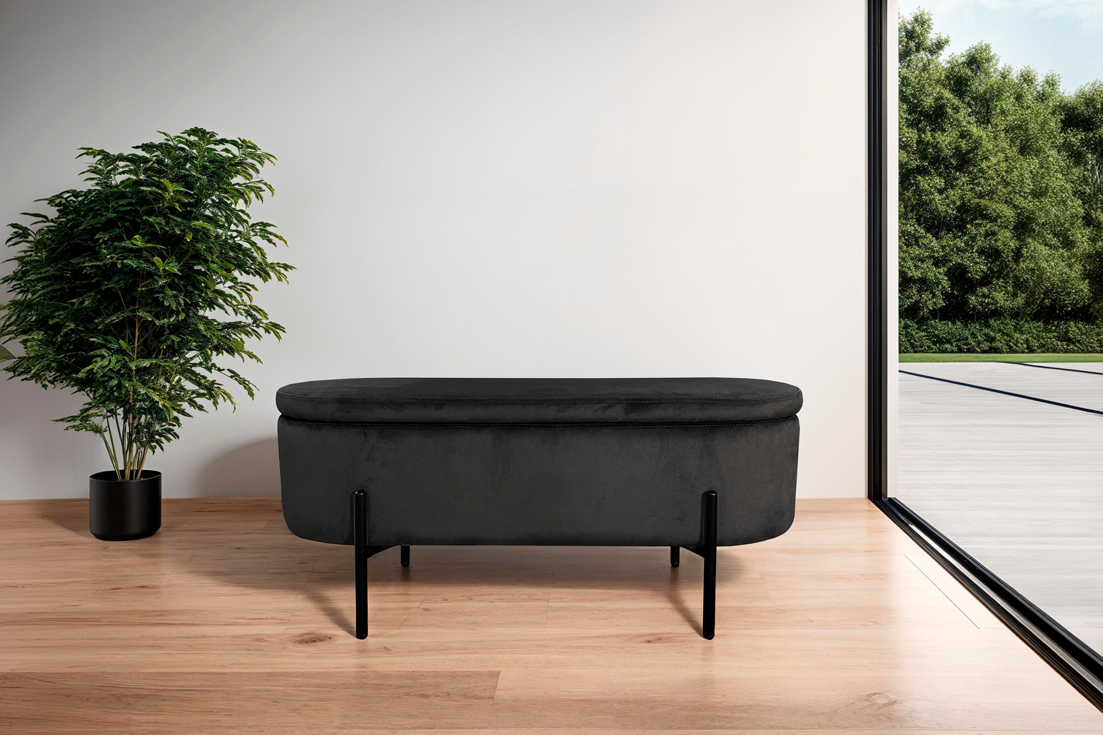 Bank NOVA / Samt dunkelgrün, grau oder schwarz / Metall schwarz pulverbeschichtet / Polsterbank mit Stauraum / B 95, H 42, T 37,5 cm