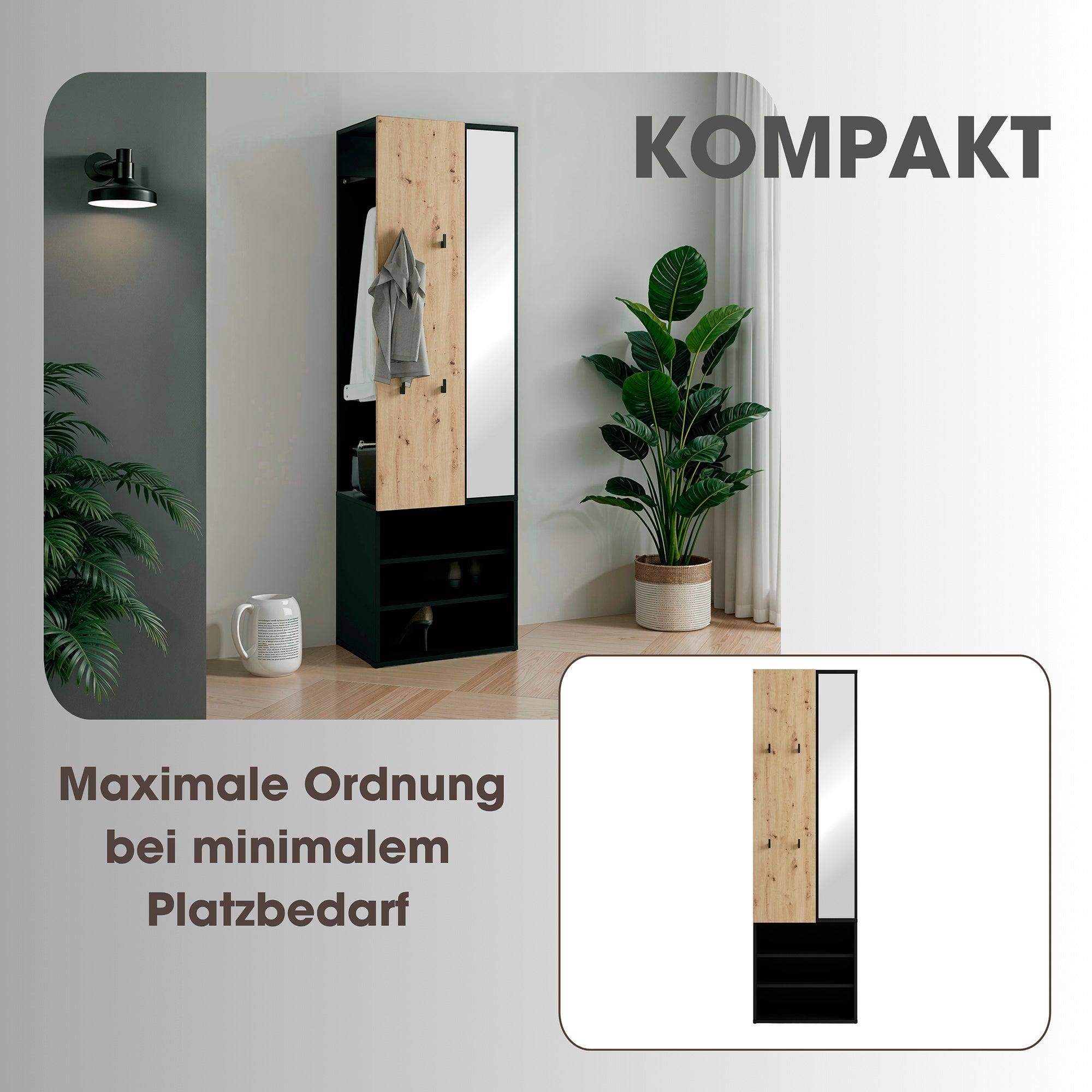 Kompaktgarderobe ANDORRA / Artisan Eiche (Eiche-Optik) oder weiß mit schwarz / Spiegel, Kleiderstange und Schuhfächer / Garderobenschrank / Flurgarderobe / Maße: B 55, H 187,5, T 40,5 cm