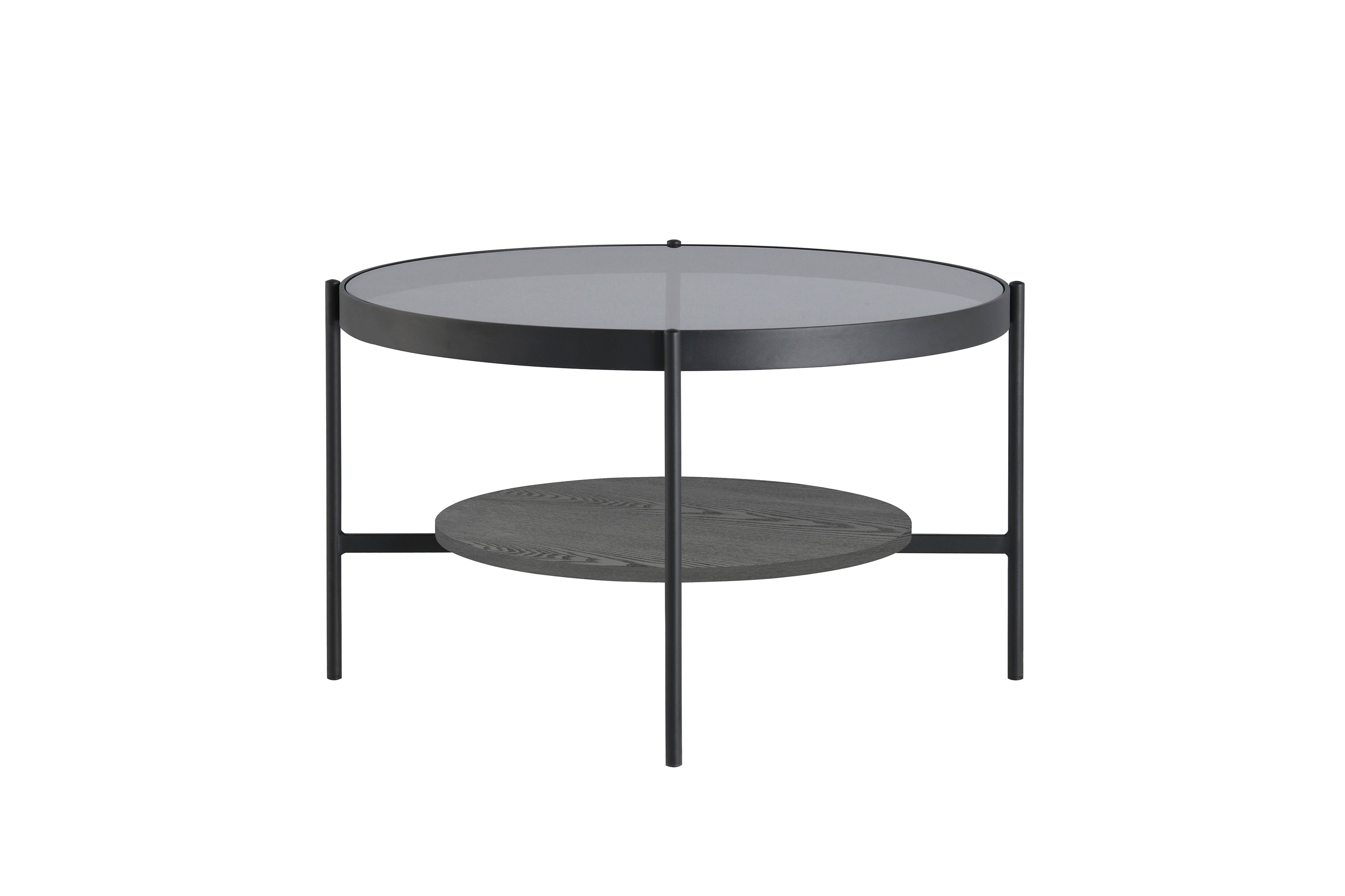 Couchtisch OHIO / Tischplatte Rauchglas grau / Ablageboden MDF Echtholzfurnier schwarz / Gestell Metall schwarz / D 73,5, H 42,5 cm