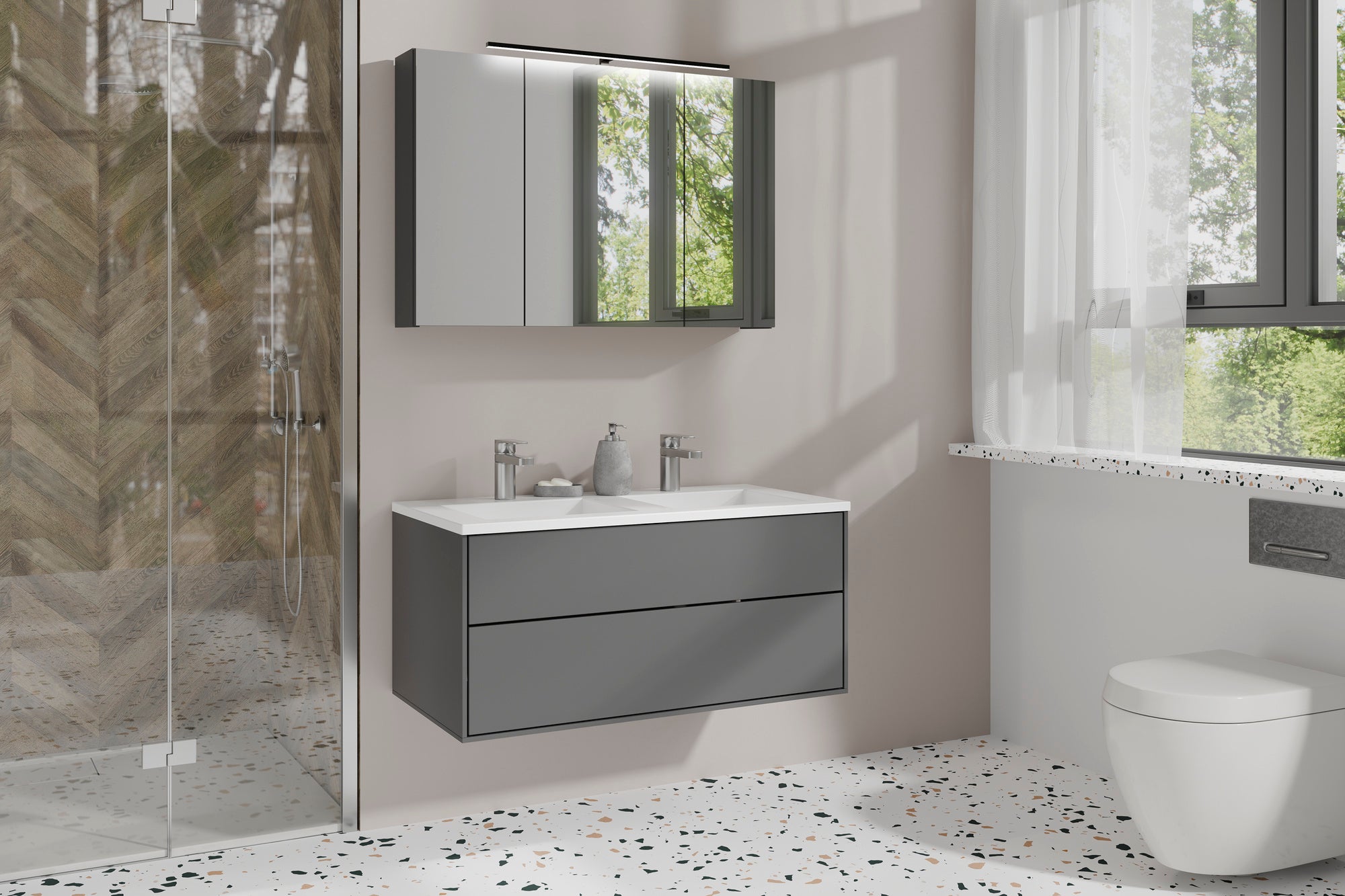 byLIVING Spiegelschrank SPREE / Korpus matt weiß oder anthrazit mit Spiegeltüren / Hängeschrank mit Soft-Close-Funktion / Inklusive LED-Beleuchtung / Badschrank mit Stecker- und Schalterdose / B 90, H 60, T 20 cm