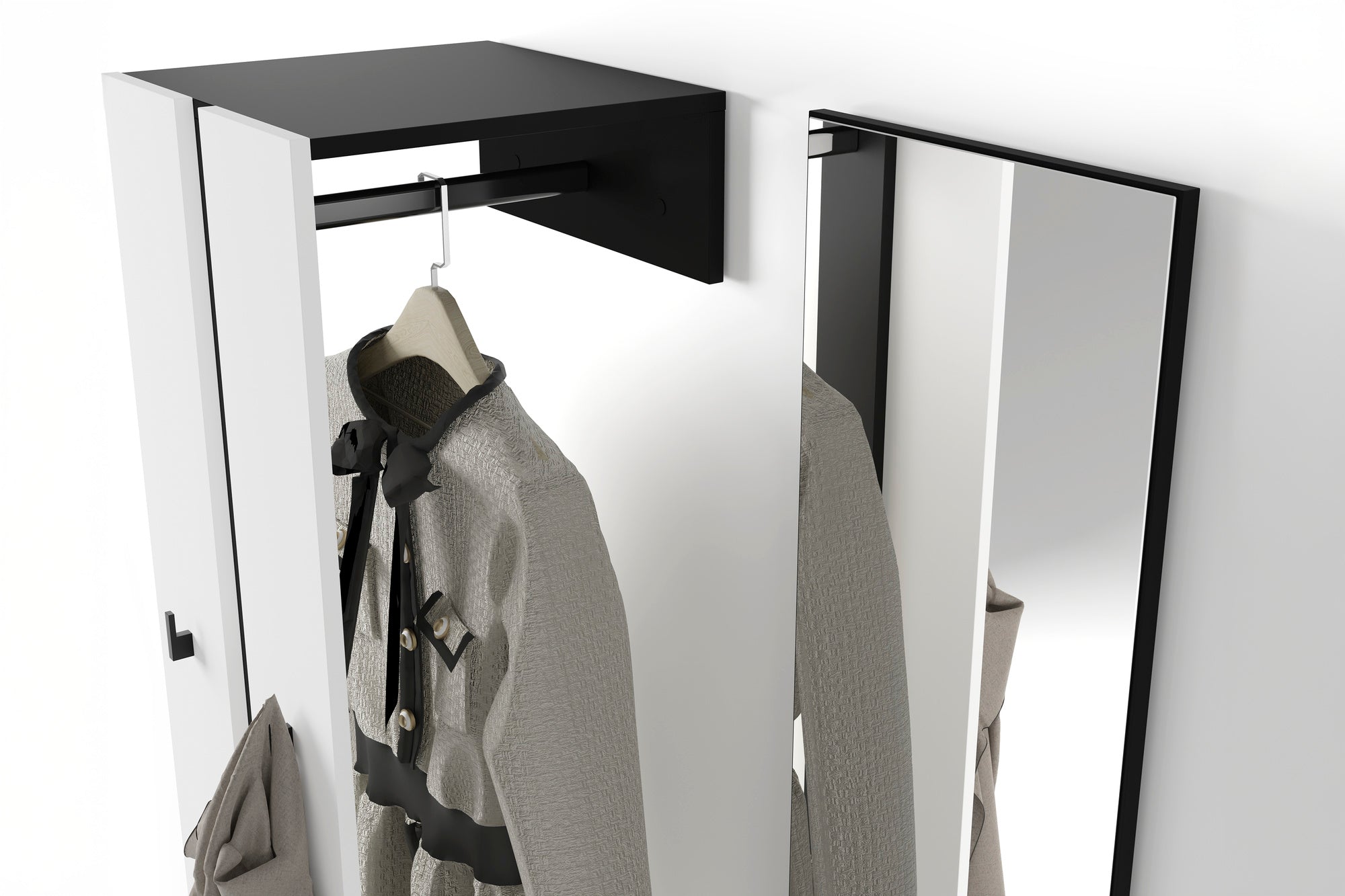 Kompaktgarderobe NANTE / Artisan Eiche (Eiche-Optik) oder weiß, Absetzung in schwarz / Spiegel, Kleiderstange, offene Fächer / Garderobenmöbel / Flurgarderobe / Maße: B 100, H 186, T 40 cm