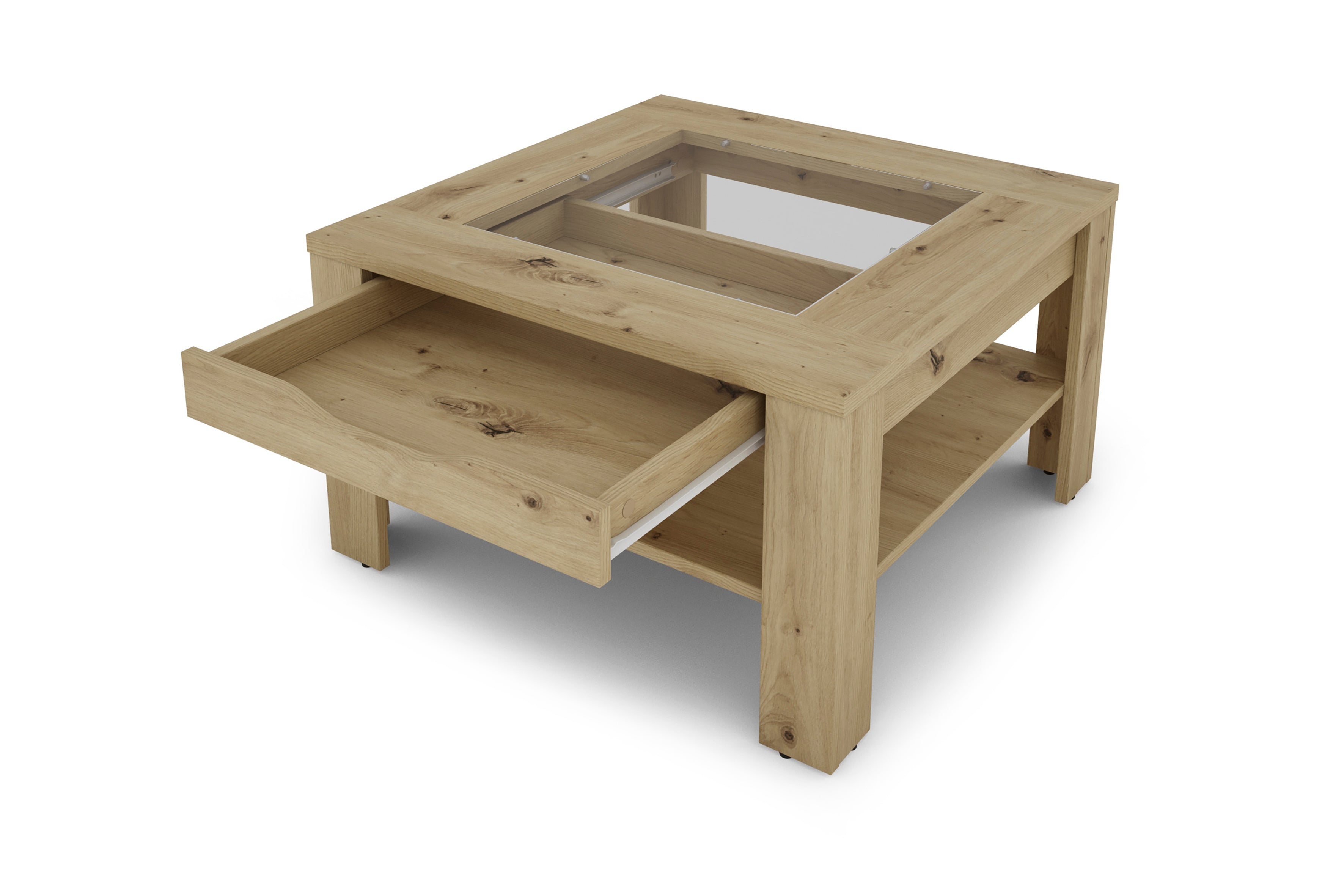 Couchtisch RALPH / moderner Sofatisch mit Glaseinlage und großzügiger Schublade / in Old Wood-Optik, weiß oder Artisan Eiche / Beistelltisch mit viel Stauraum / B 67, H 43, T 67 cm