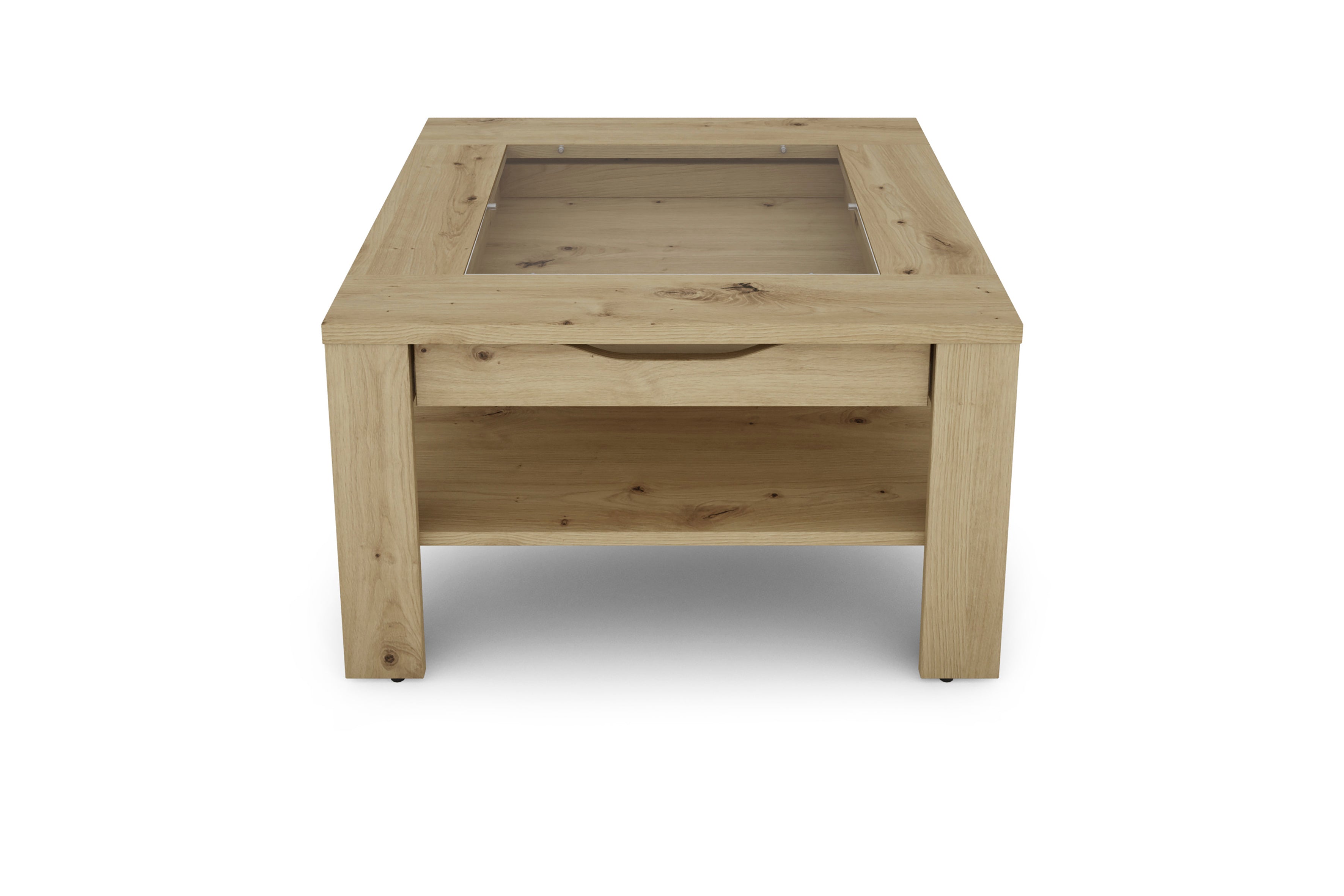 Couchtisch RALPH / moderner Sofatisch mit Glaseinlage und großzügiger Schublade / in Old Wood-Optik, weiß oder Artisan Eiche / Beistelltisch mit viel Stauraum / B 67, H 43, T 67 cm