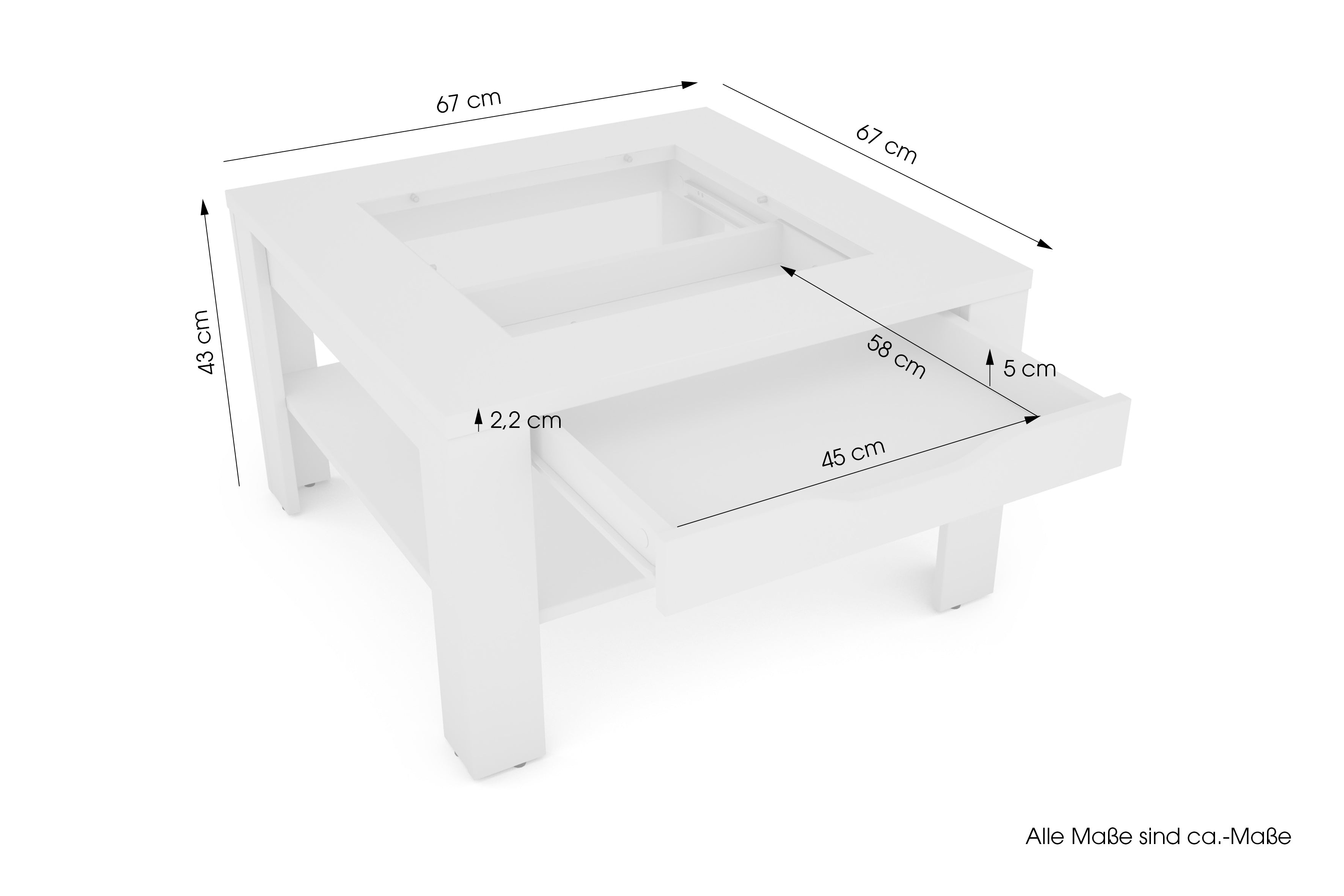 Couchtisch RALPH / moderner Sofatisch mit Glaseinlage und großzügiger Schublade / in Old Wood-Optik, weiß oder Artisan Eiche / Beistelltisch mit viel Stauraum / B 67, H 43, T 67 cm