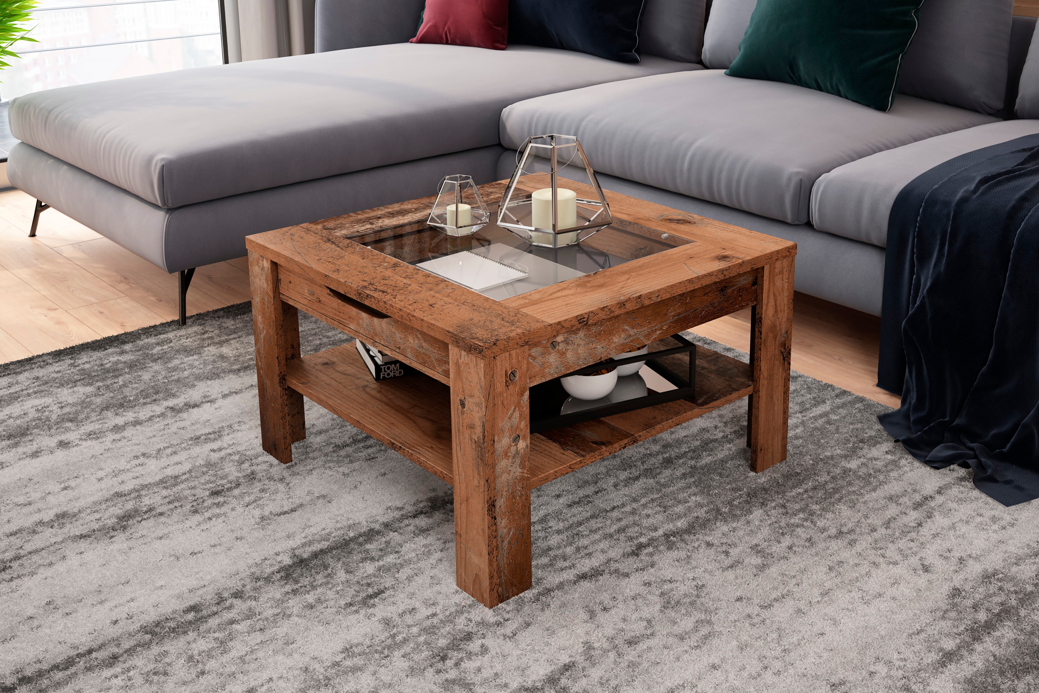 Couchtisch RALPH / moderner Sofatisch mit Glaseinlage und großzügiger Schublade / in Old Wood-Optik, weiß oder Artisan Eiche / Beistelltisch mit viel Stauraum / B 67, H 43, T 67 cm