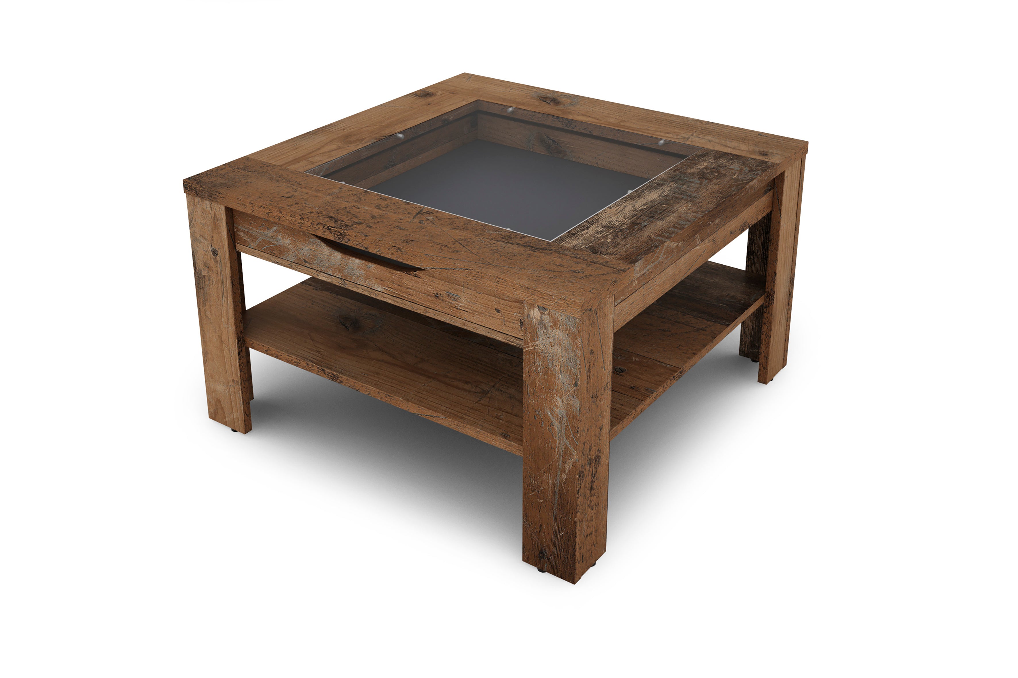 Couchtisch RALPH / moderner Sofatisch mit Glaseinlage und großzügiger Schublade / in Old Wood-Optik, weiß oder Artisan Eiche / Beistelltisch mit viel Stauraum / B 67, H 43, T 67 cm