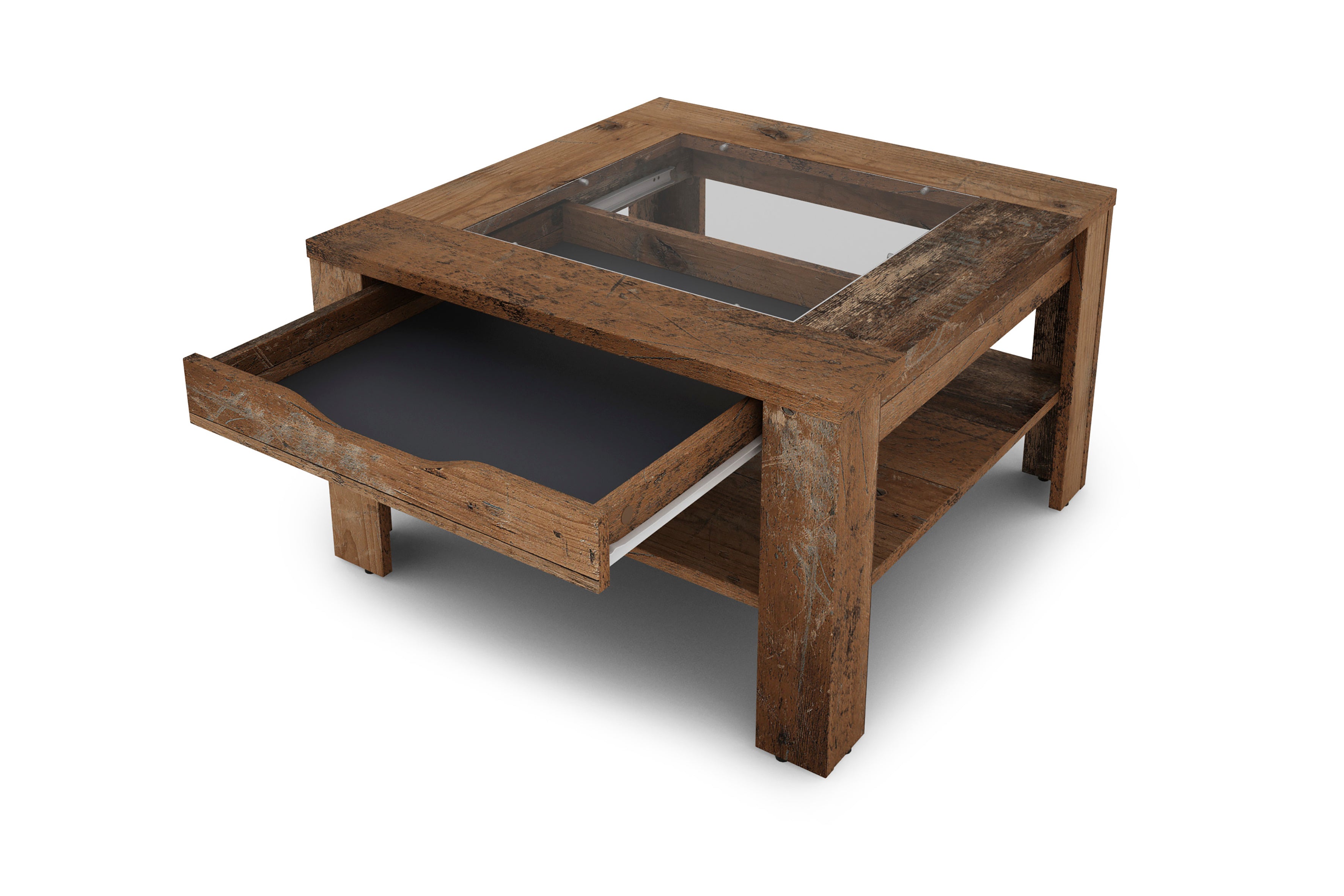 Couchtisch RALPH / moderner Sofatisch mit Glaseinlage und großzügiger Schublade / in Old Wood-Optik, weiß oder Artisan Eiche / Beistelltisch mit viel Stauraum / B 67, H 43, T 67 cm