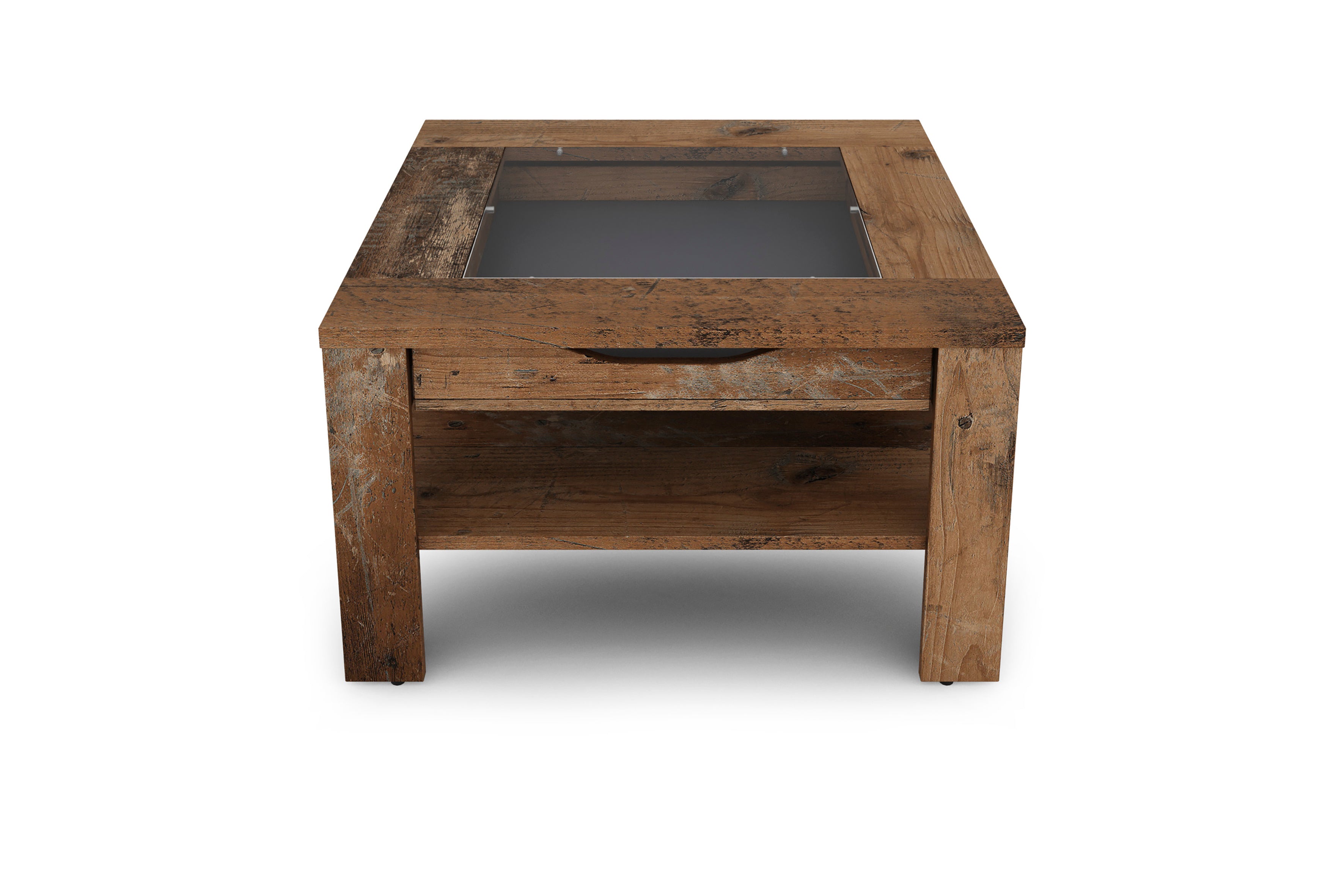 Couchtisch RALPH / moderner Sofatisch mit Glaseinlage und großzügiger Schublade / in Old Wood-Optik, weiß oder Artisan Eiche / Beistelltisch mit viel Stauraum / B 67, H 43, T 67 cm