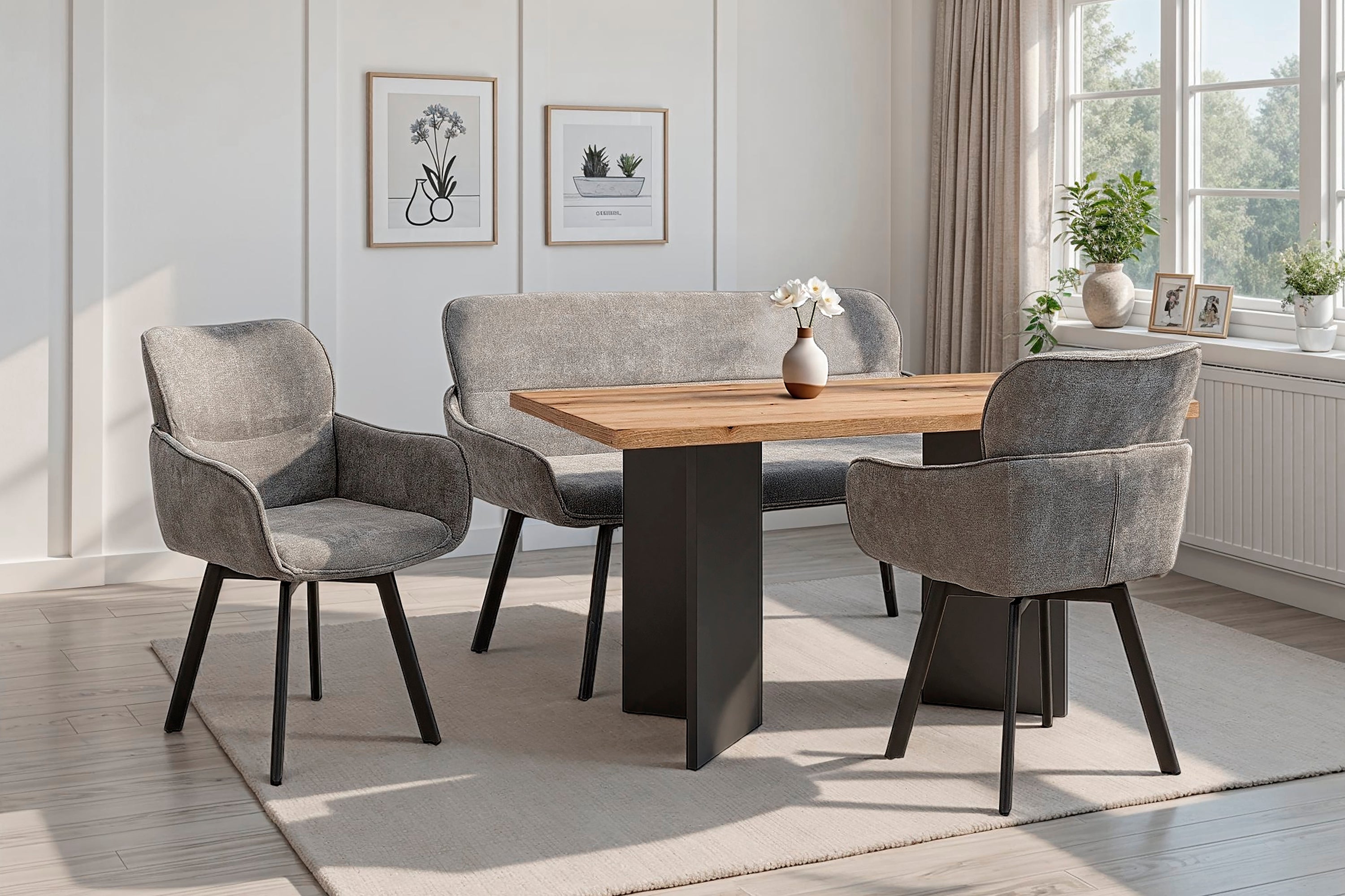 Bank RICO / Webstoffbezug in dunkelgrau oder taupe, Gestell in schwarz / Taschenfederkern, aufgedoppelter Rücken / Esszimmerbank, Sitzbank / B 140 x H 90 x T 62 cm oder B 160 x H 90 x T 62 cm
