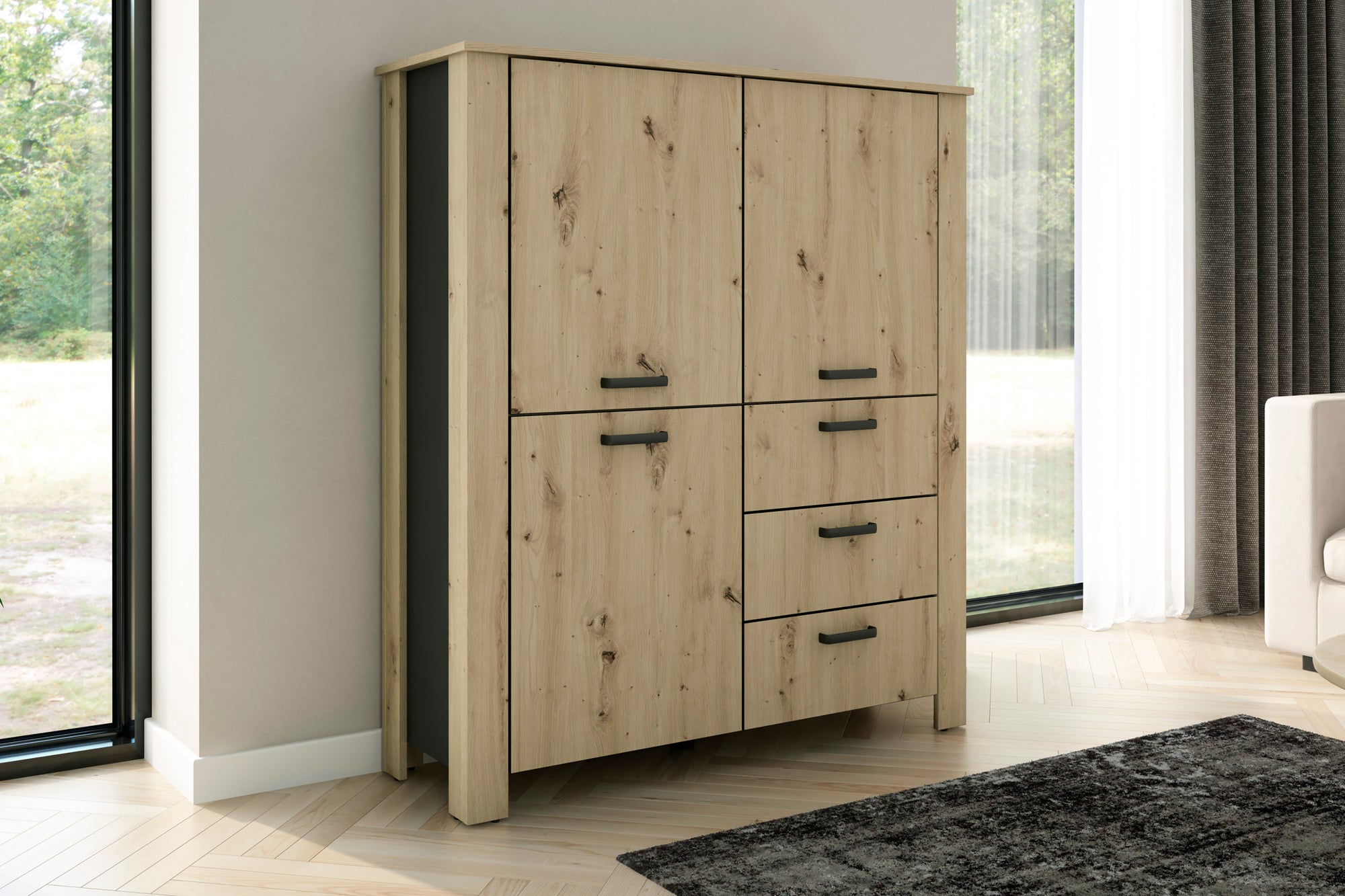 Higboard FARO / Artisan Eiche (Eiche-Optik) oder weiß, Absetzung in schwarz / Stollenoptik / 3 Türen und 3 Schubkästen / verstellbare Einlegeböden / viel Stauraum / Sideboard / Kommode / Maße: B 160, H 84, T 40 cm