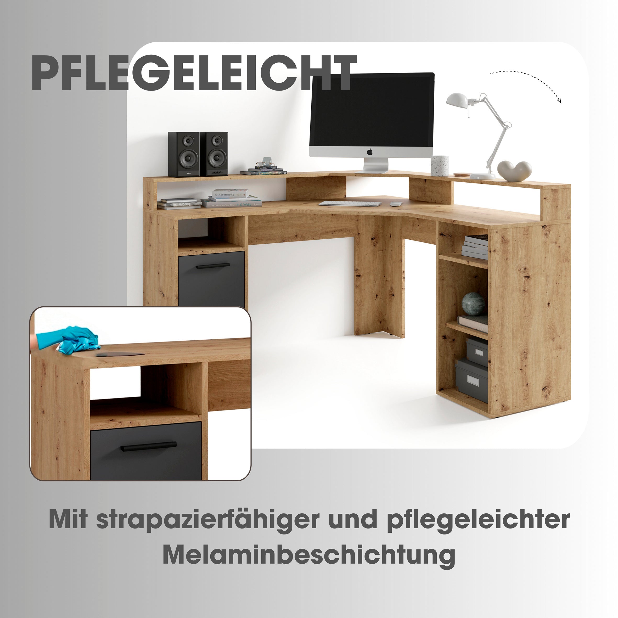 Schreibtisch FOX / Gaming-Tisch in anthrazit, weiß, Old Wood (Altholz-Optik) oder Artisan Eiche (Eiche-Optik) / Mit viel Stauraum und großer Tischplatte / Computer-Tisch / PC / Arbeits-Tisch / B 139, H 90,8, T 139 cm