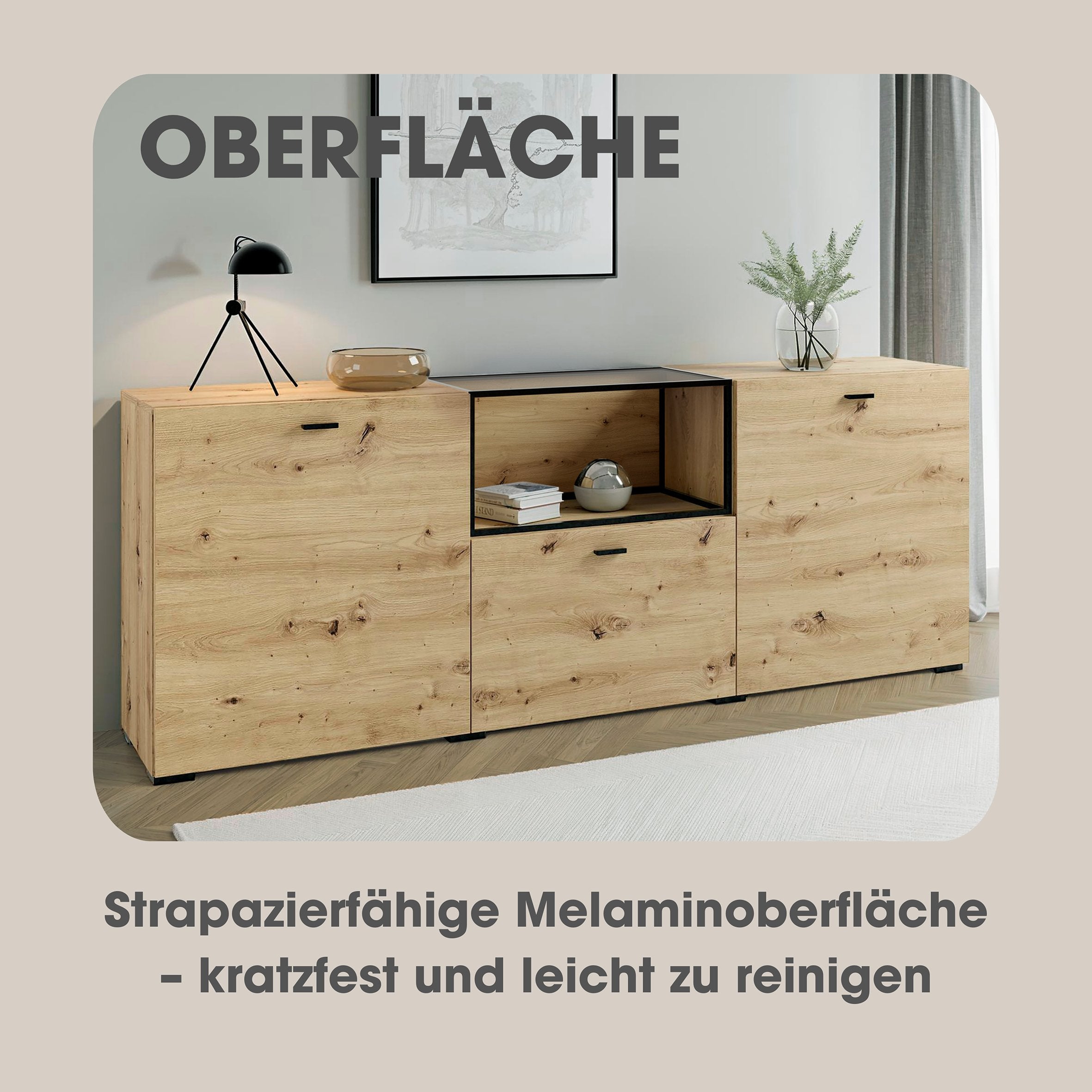 Sideboard FRAME / Artisan Eiche (Eiche-Optik) / Fach mit Metallrahmen und Glasablage, verstellbare Böden / Anrichte / Kommode / Maße: B 200, H 75,5, T 37,5 cm