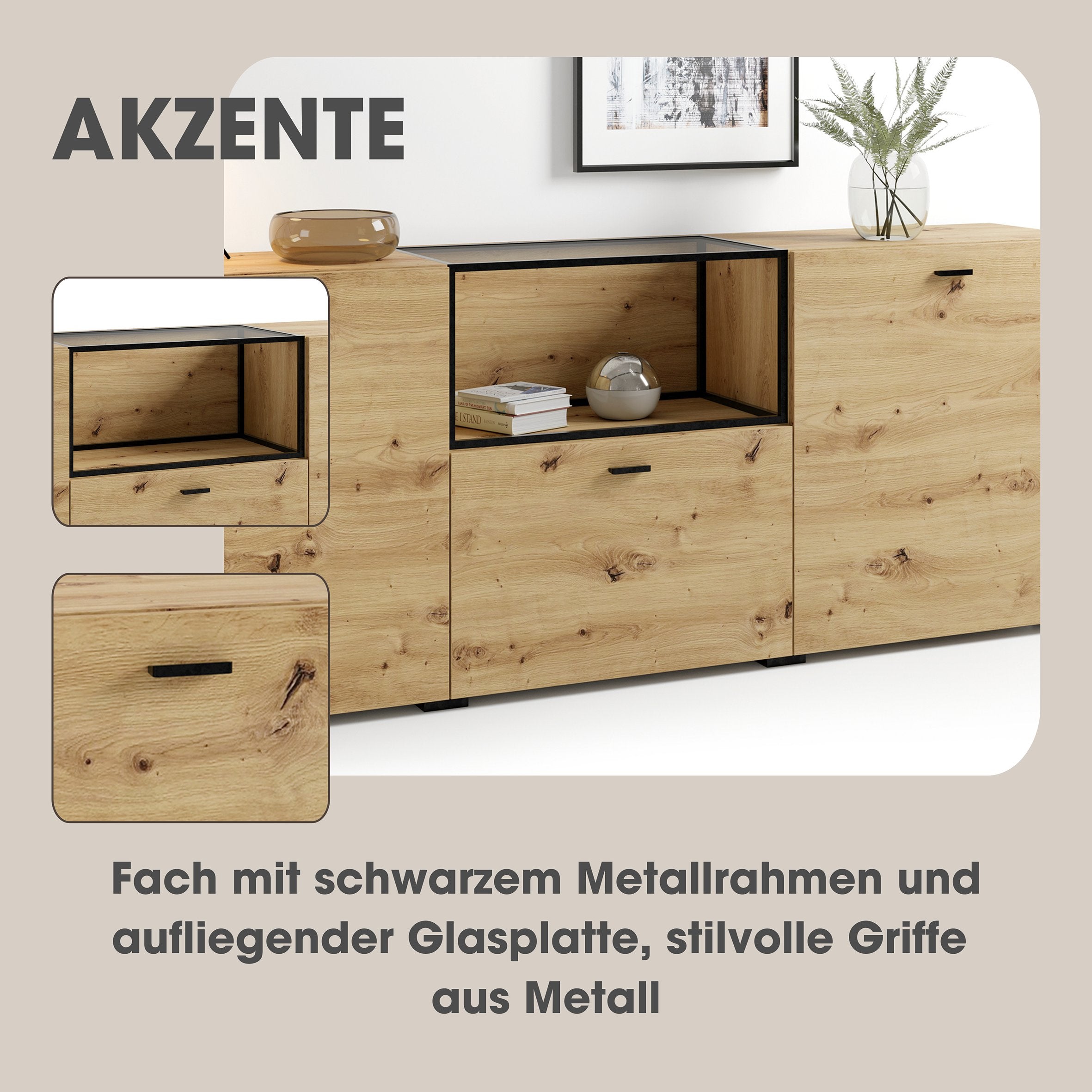 Sideboard FRAME / Artisan Eiche (Eiche-Optik) / Fach mit Metallrahmen und Glasablage, verstellbare Böden / Anrichte / Kommode / Maße: B 200, H 75,5, T 37,5 cm
