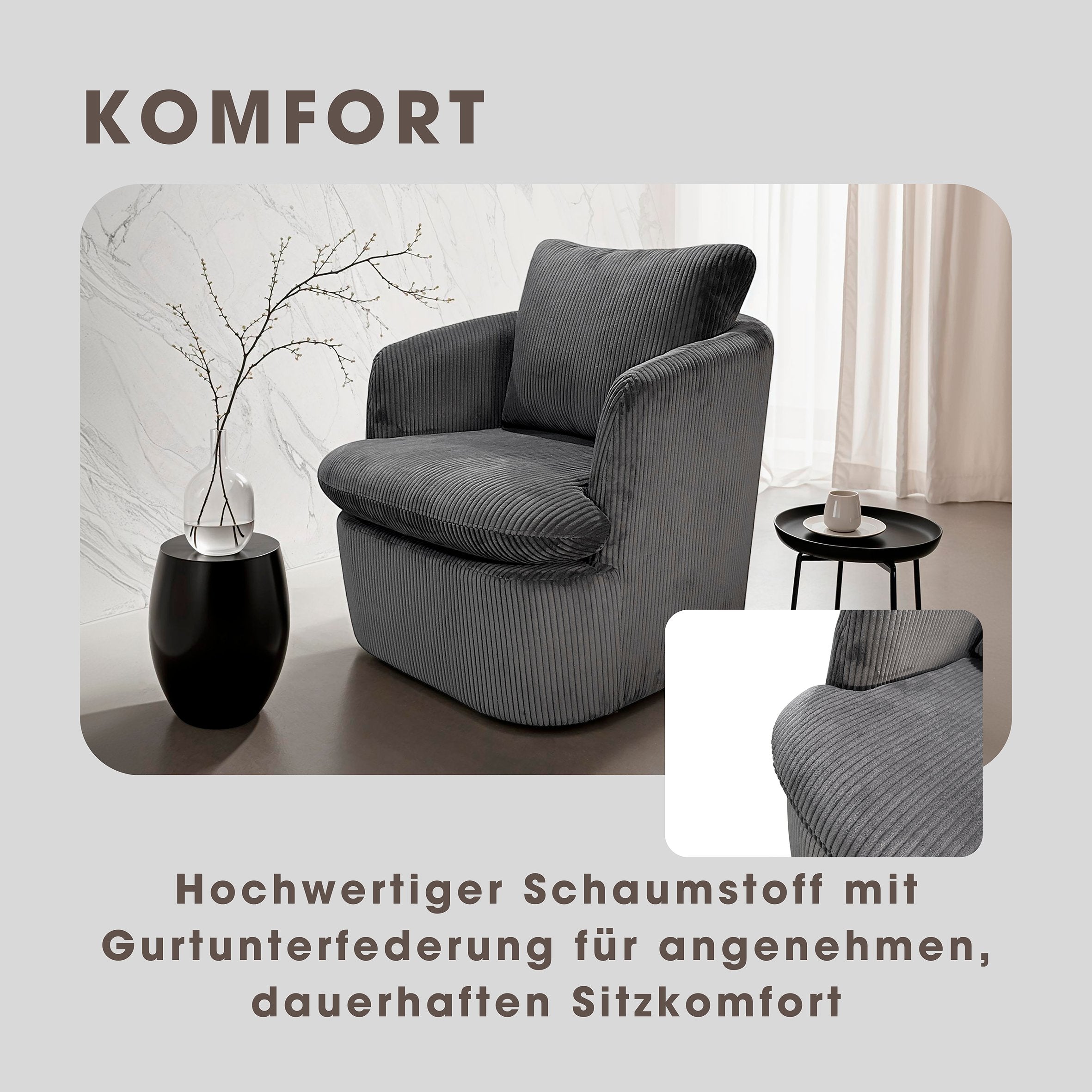 Sessel HARMONY / Grob-Cord dunkelgrau oder off white / Vollpolster / 360° drehbar / B 72, H 69, T 77 cm