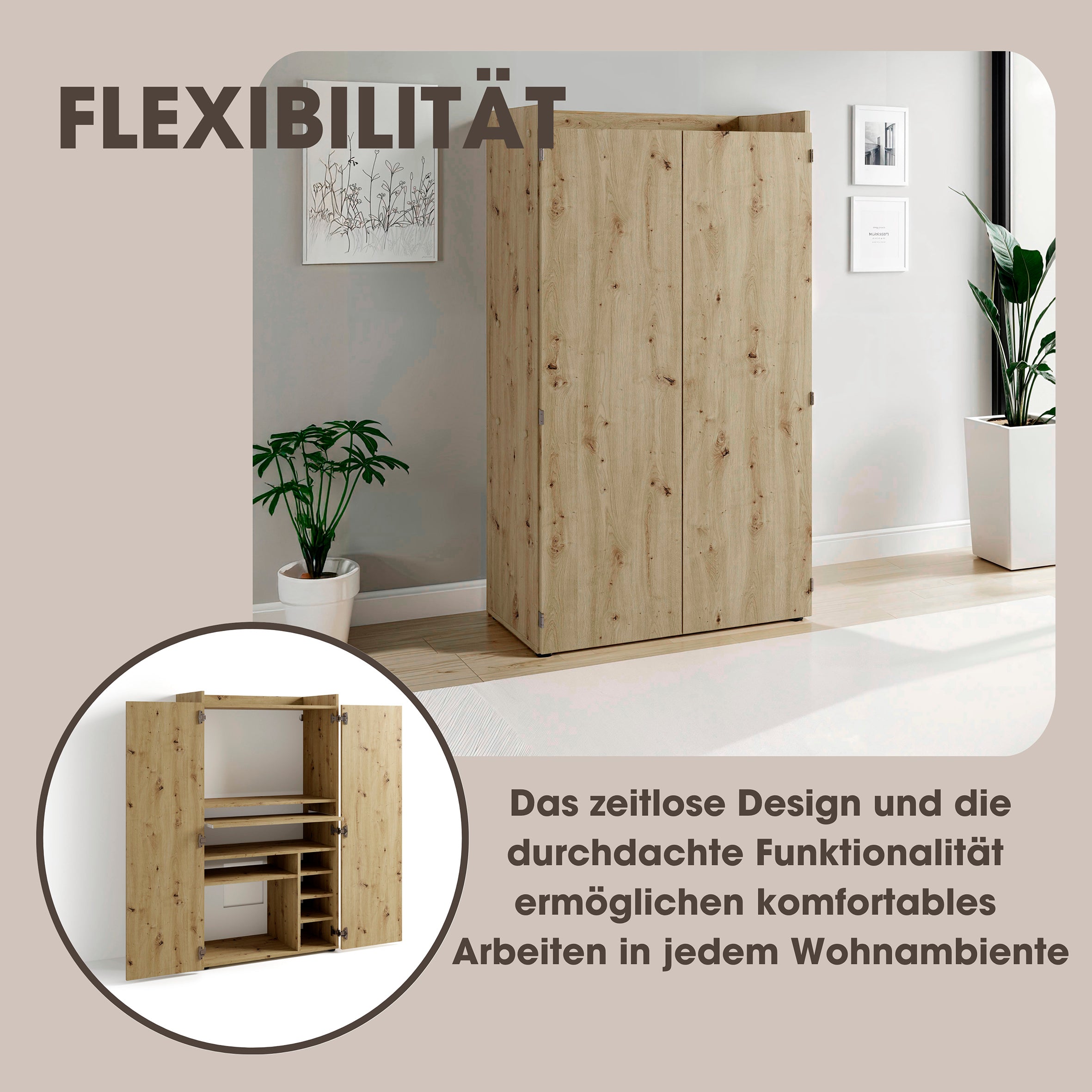 Sekretär JANNE / Sekretär matt weiß oder Artisan Eiche (Eiche-Optik) / Office-Schrank mit 2 Türen / platzsparend / Grifflos / B 80, H 141, T 40 cm