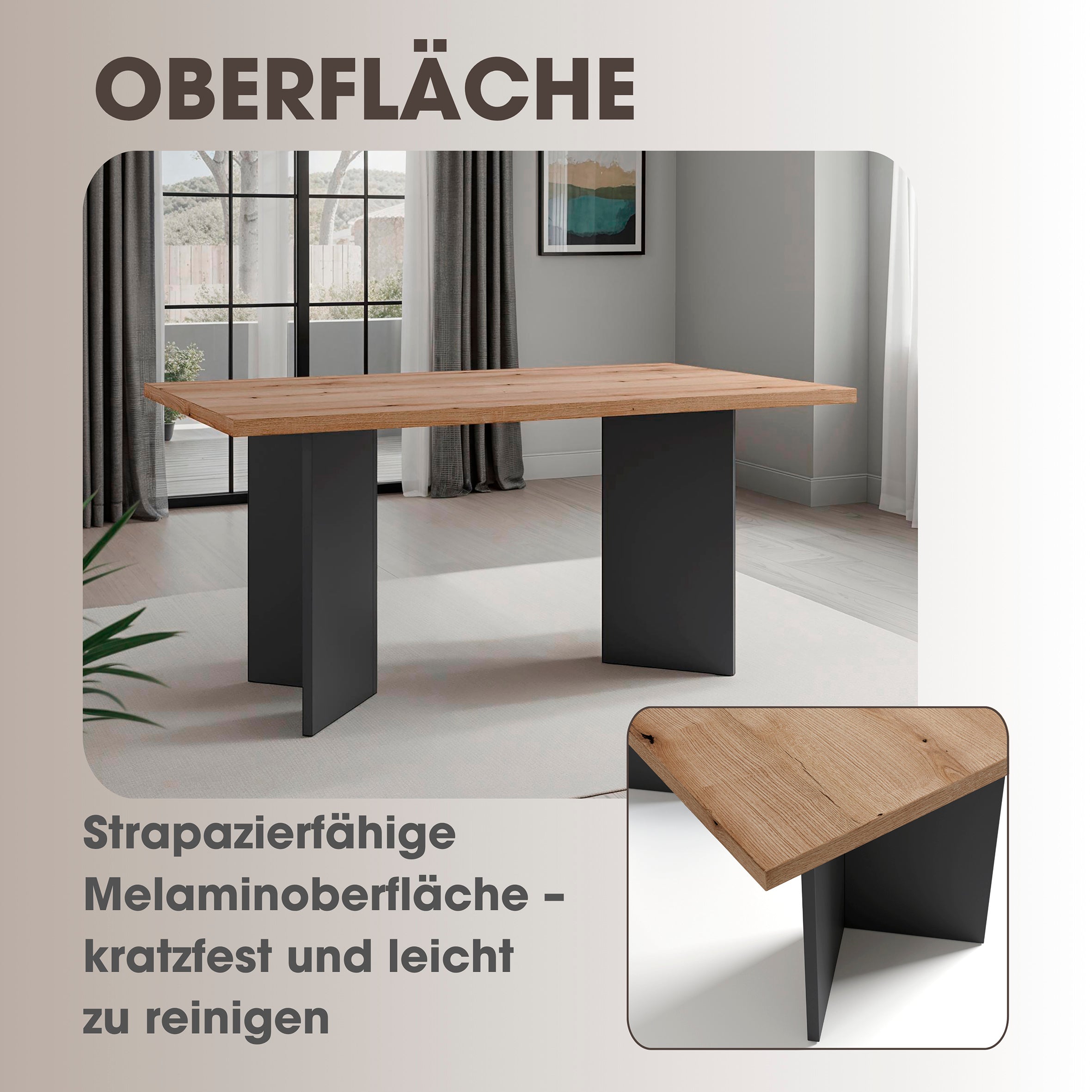Tisch MARTEN / Tischplatte in Evoke Eiche - Optik, Gestell in anthrazit / stabile Konstruktion, bis 6 Personen / Esstisch / Küchentisch / Maße: 138 x 90, H 75,5 cm oder 160 x 90, H 75,5 cm