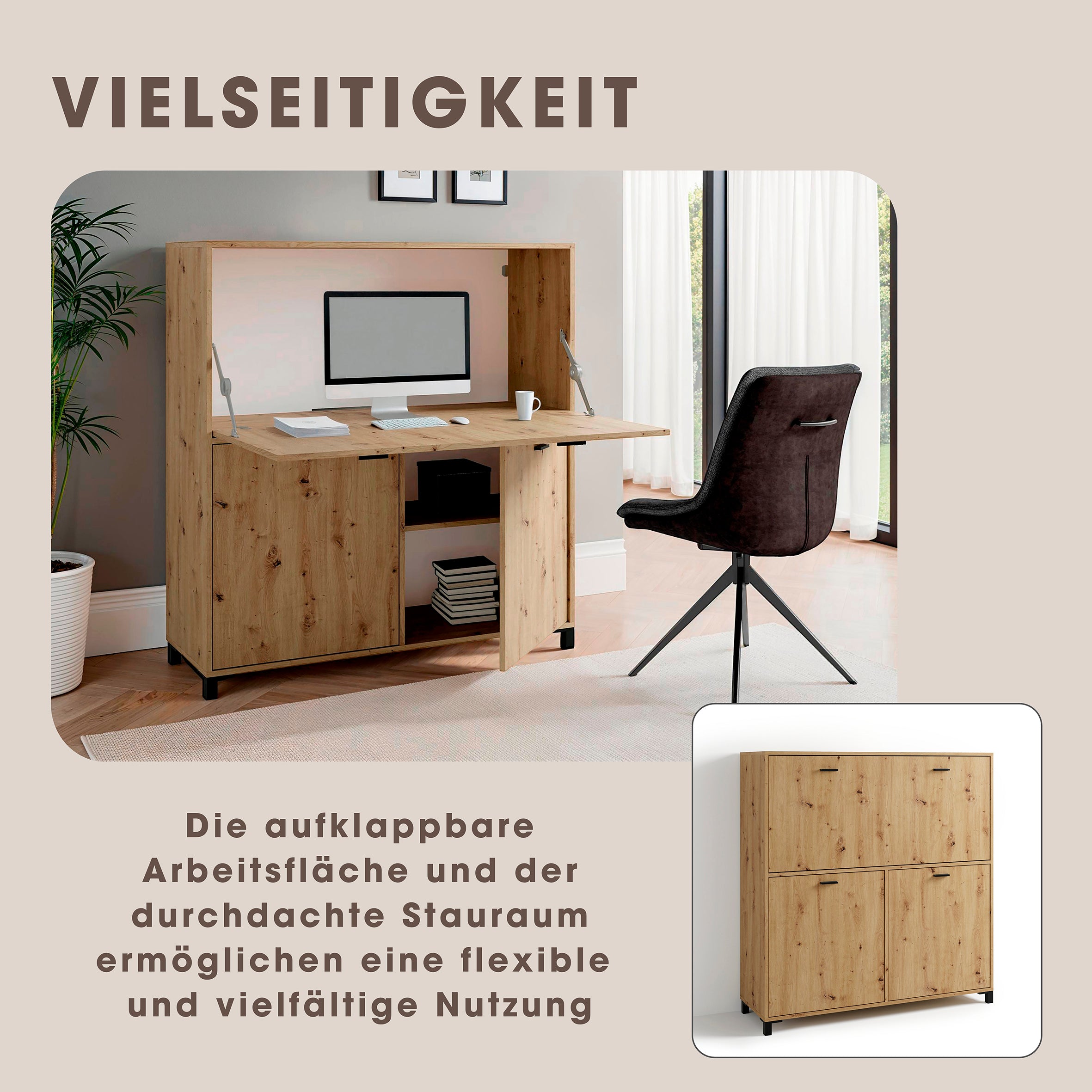 Sekretär MONTANA / Sekretär matt weiß oder Artisan Eiche (Eiche-Optik) / Office-Schrank mit 1 Klappe und 2 Türen / schwarze Griffe / B 120, H 127, T 40 cm