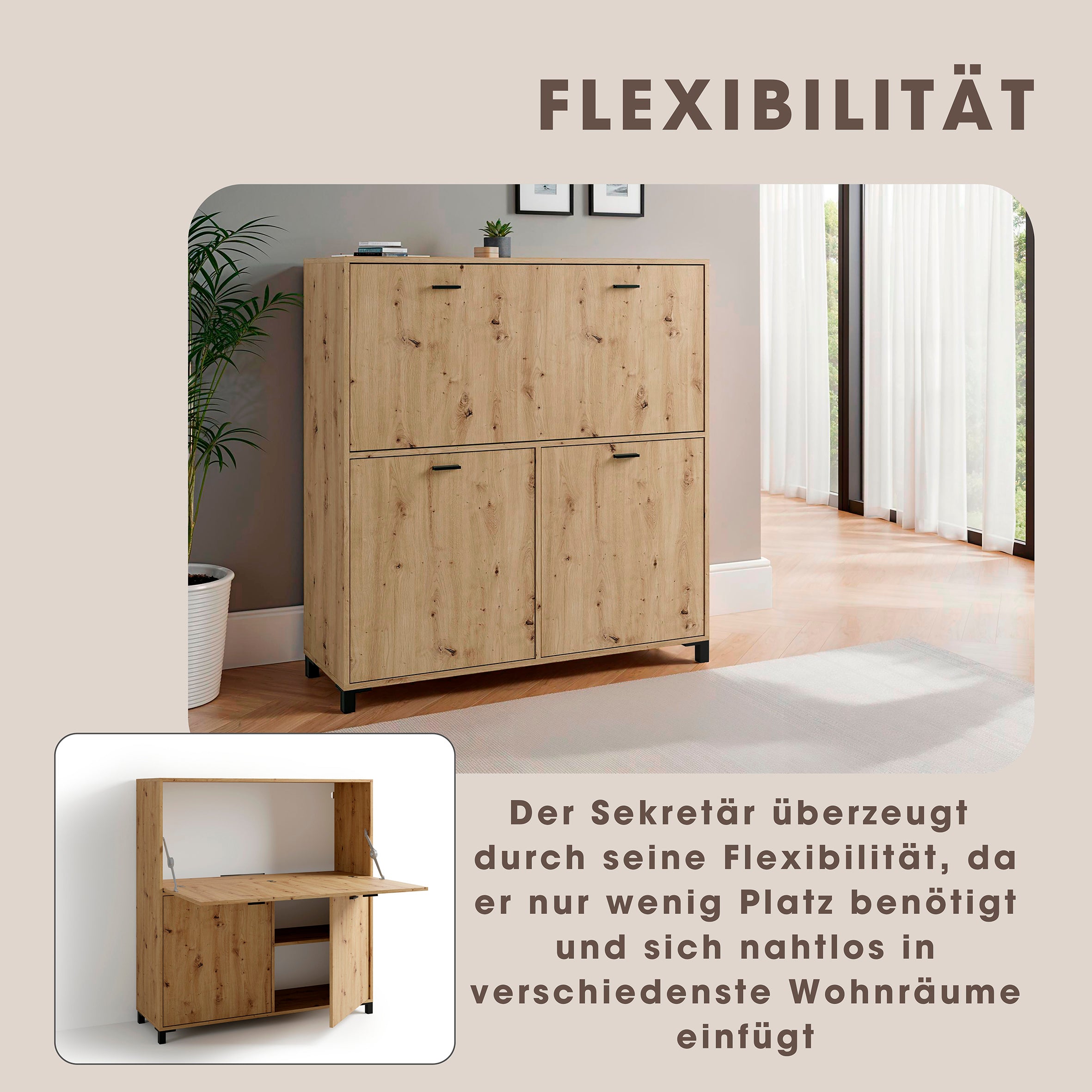 Sekretär MONTANA / Sekretär matt weiß oder Artisan Eiche (Eiche-Optik) / Office-Schrank mit 1 Klappe und 2 Türen / schwarze Griffe / B 120, H 127, T 40 cm