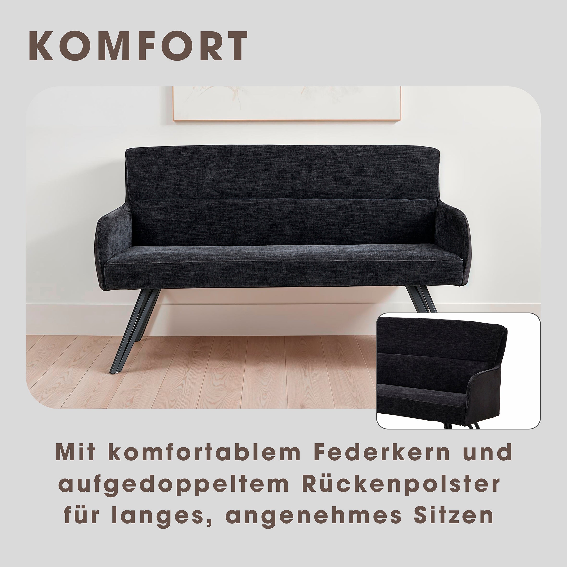 Bank TINO / Webstoff und Mikrofaser Bezug schwarz oder hellgrau / Gestell in schwarz / Aufgedoppelter Rücken / Küchenbank, Sitzbank, Esszimmerbank / B 140 x H 94 x T 67 cm oder B 160 x H 94 x T 67 cm