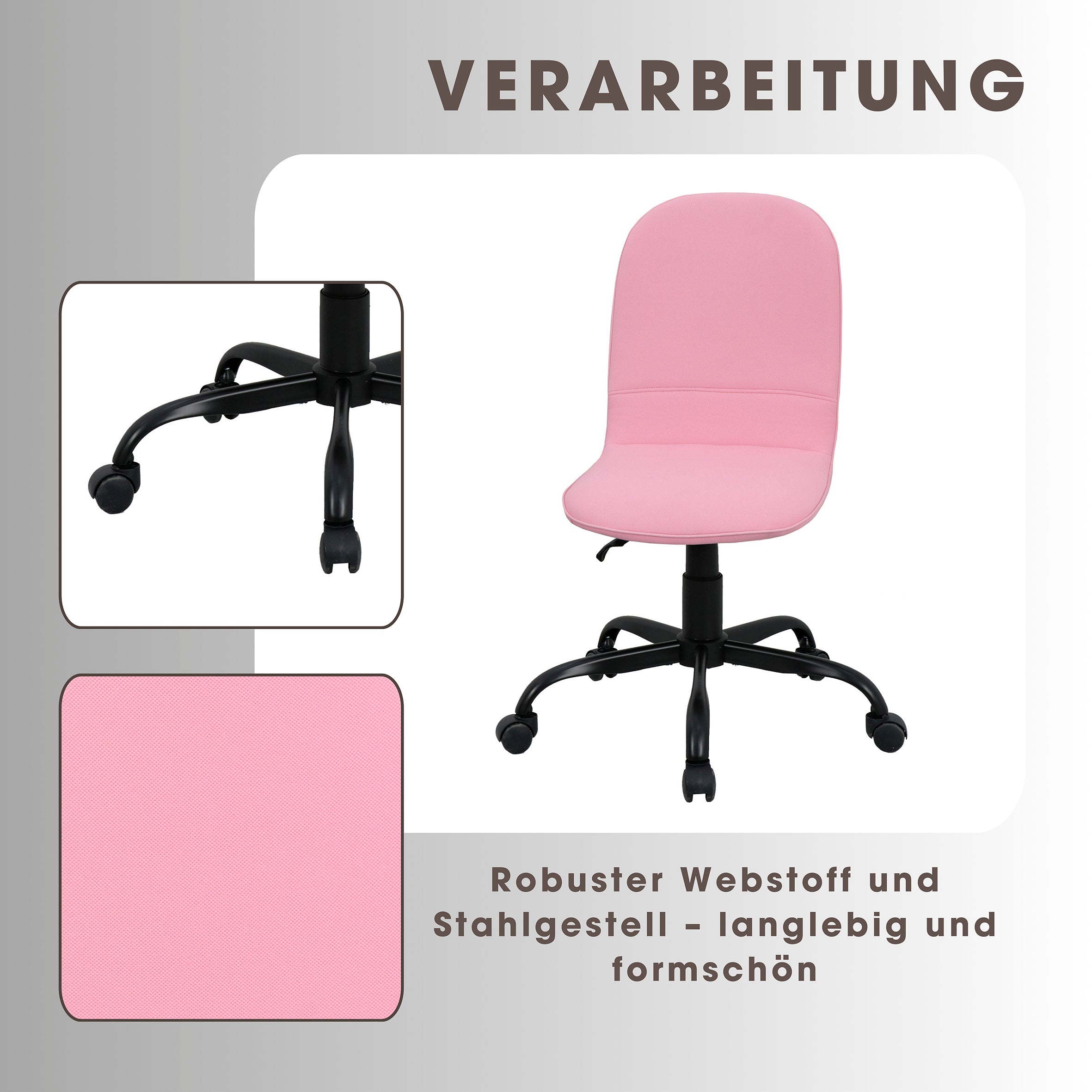 byLIVING Bürostuhl TROLLY Drehstuhl / Kinderstuhl / Metall schwarz pulverbeschichtet / Bezug Webstoff pink oder hellgrau / klappbar / Sicherheitsdoppelrollen / Maße: B 42, H 85-95, T 54 cm