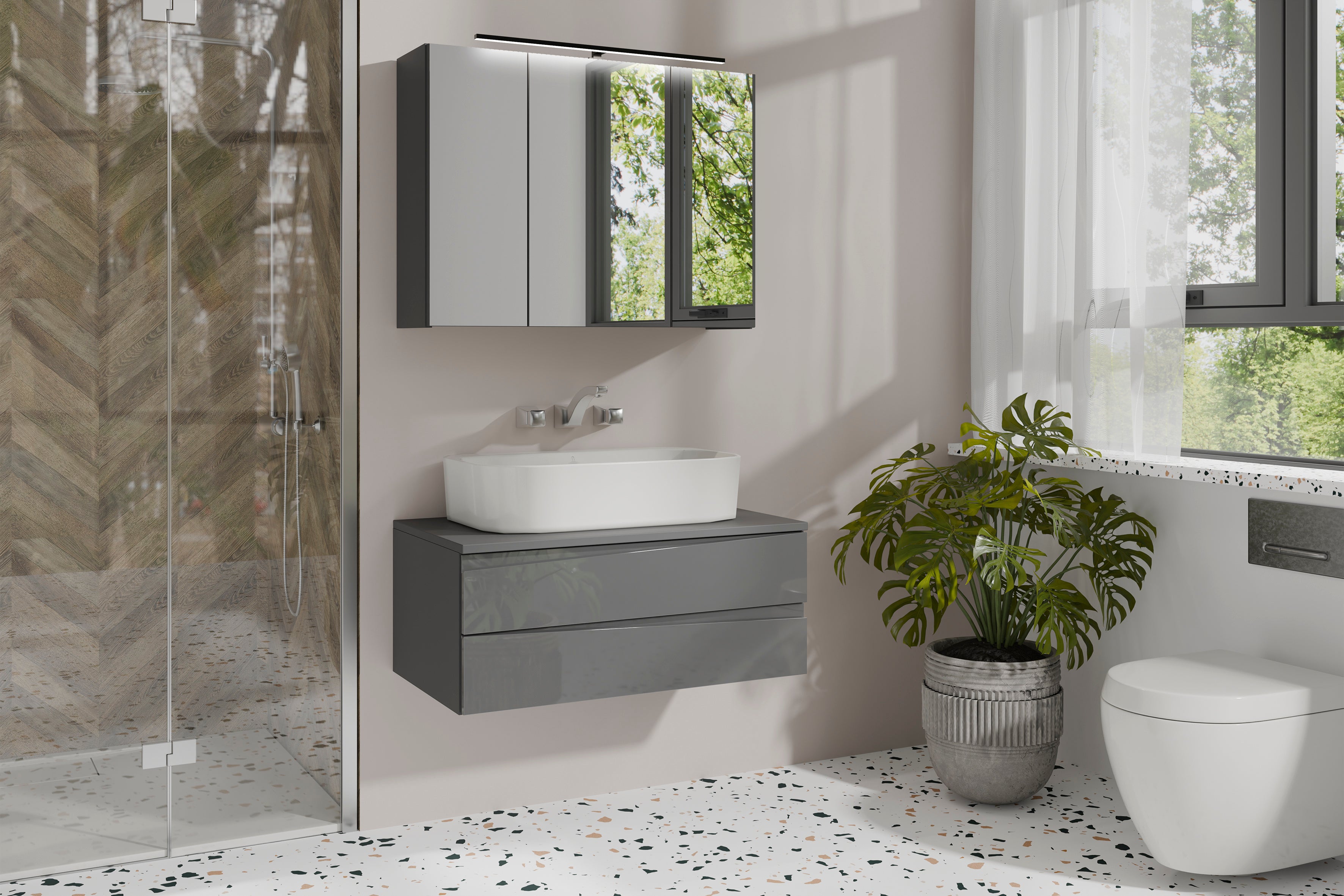 Spiegelschrank SPREE / Korpus matt weiß oder anthrazit mit Spiegeltüren / Hängeschrank mit Soft-Close-Funktion / Inklusive LED-Beleuchtung / Badschrank mit Stecker- und Schalterdose / B 80, H 60, T 20 cm