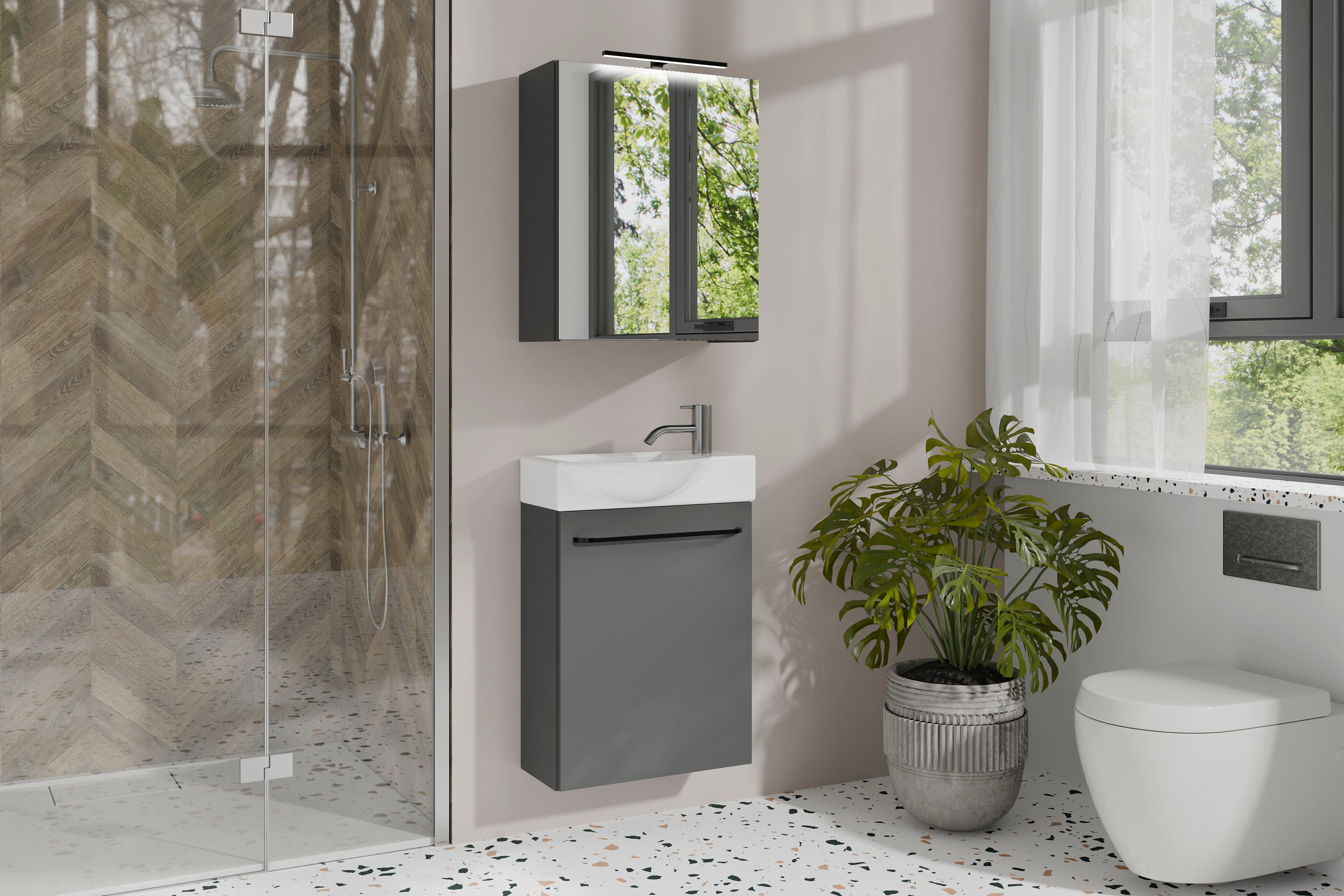 Spiegelschrank SPREE / Korpus matt weiß oder anthrazit mit Spiegeltüren / Hängeschrank mit Soft-Close-Funktion / Inklusive LED-Beleuchtung / Badschrank mit Stecker- und Schalterdose / B 50, H 60, T 20 cm