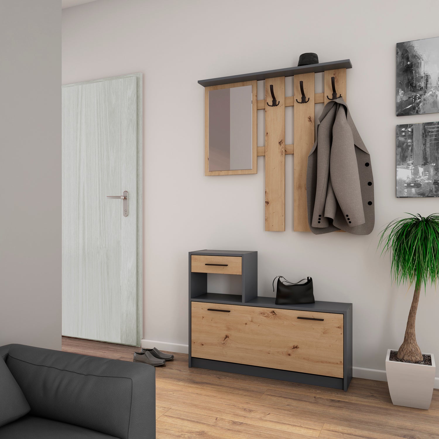 Garderoben-Set TAMINA / Kommode mit Schuhschrank + hängende Garderobe mit Spiegel / in Old Wood (Altholz-Optik), Artisan Eiche (Eiche-Optik) oder Light Atelier (Beton-Optik) / Flur-Schrank / Schränke / Regal / 100 x 190 x 25 cm (B x H x T)